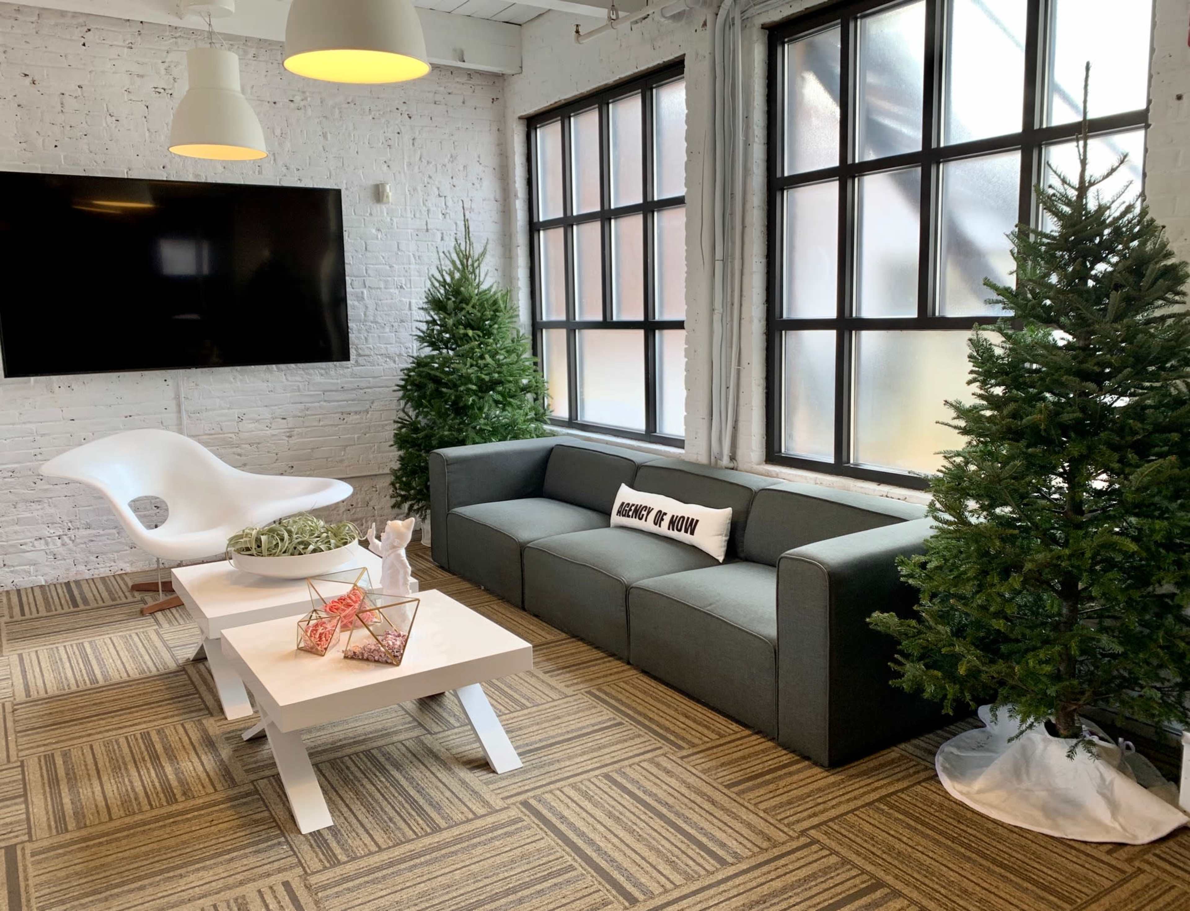 A modern lounge area with a gray sofa, a white coffee table, two small Christmas trees, and a large window with multiple panes.