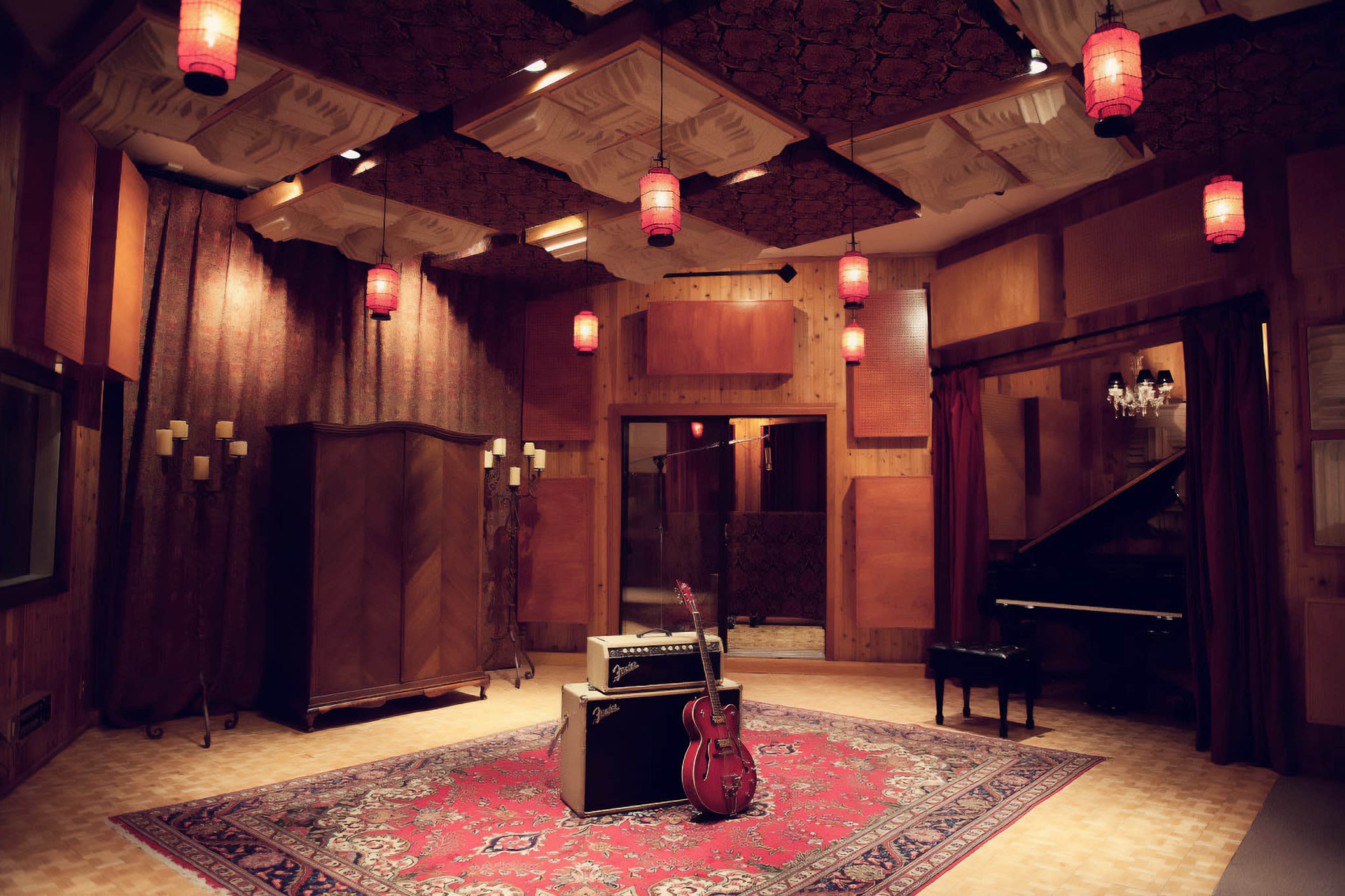 A music recording studio featuring an electric guitar and amplifier on a patterned rug, surrounded by wooden paneling and illuminated by red pendant lights.
