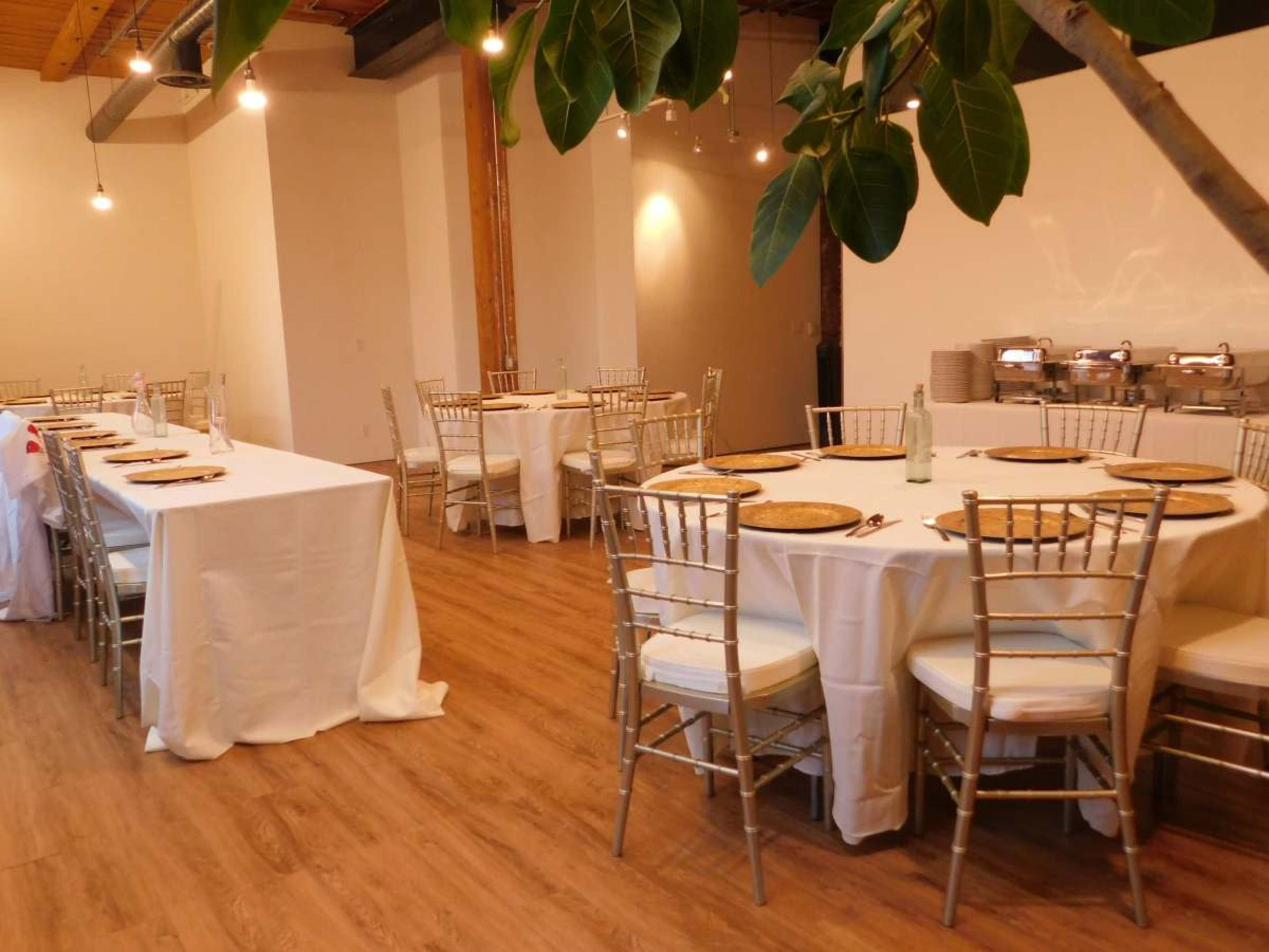 A dining area with round tables covered in white cloth, surrounded by chairs, and a tree in the corner.