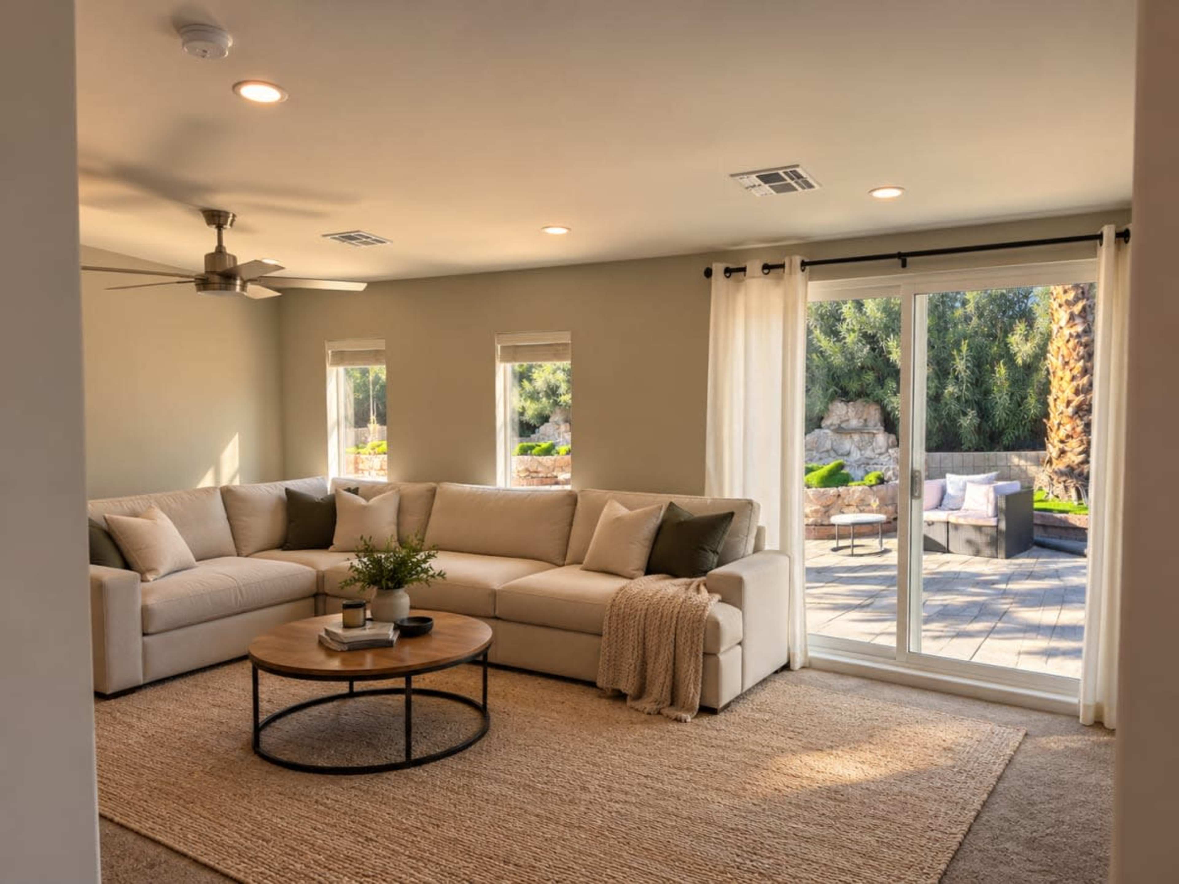 The image shows a modern living room with a large sectional sofa, a round coffee table, and a view of an outdoor patio through sliding glass doors.