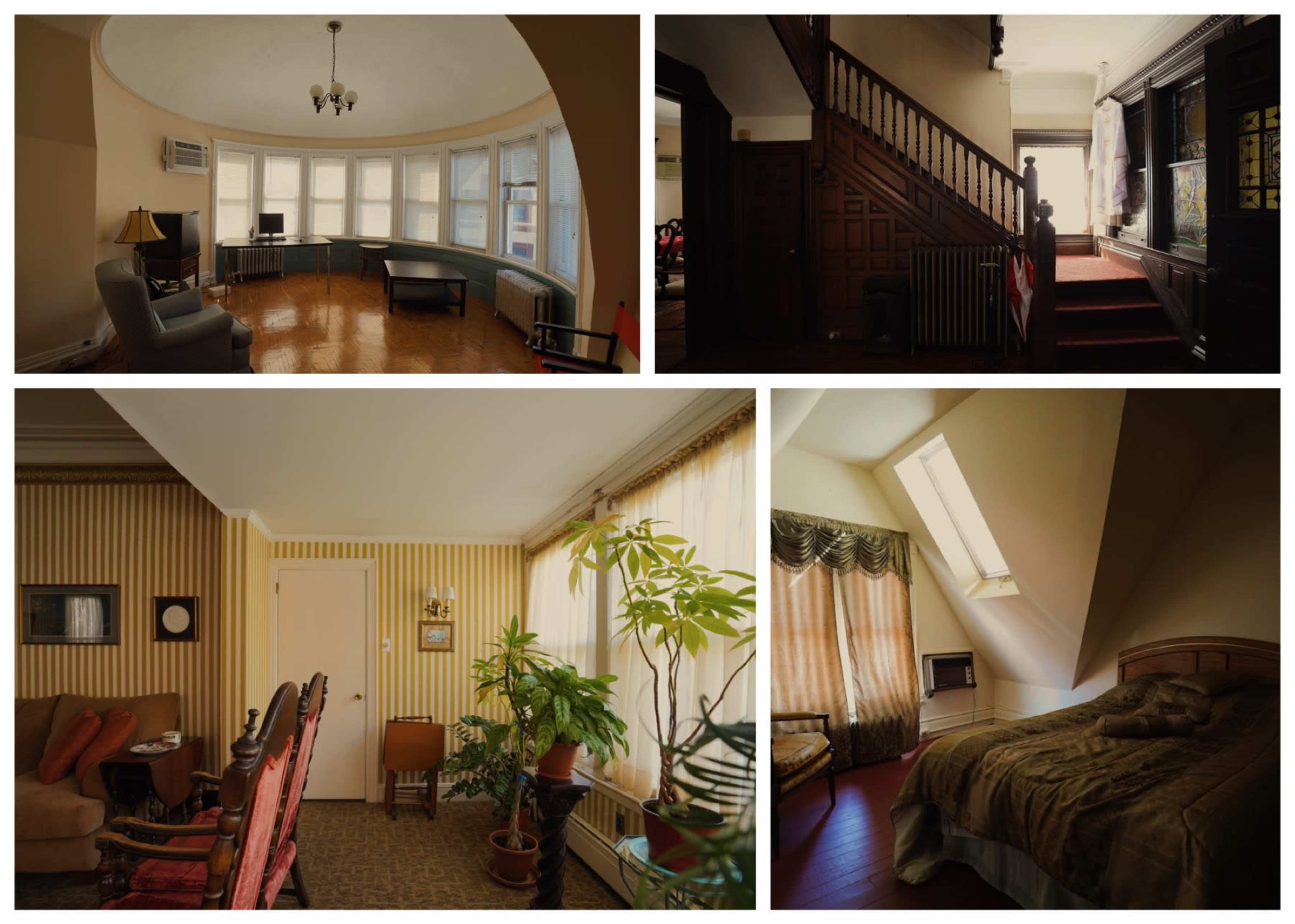 The image features a collection of distinct interior spaces, including a living room with large windows, an entryway with a staircase, a bedroom with a skylight, and a dining area with patterned walls and plants.