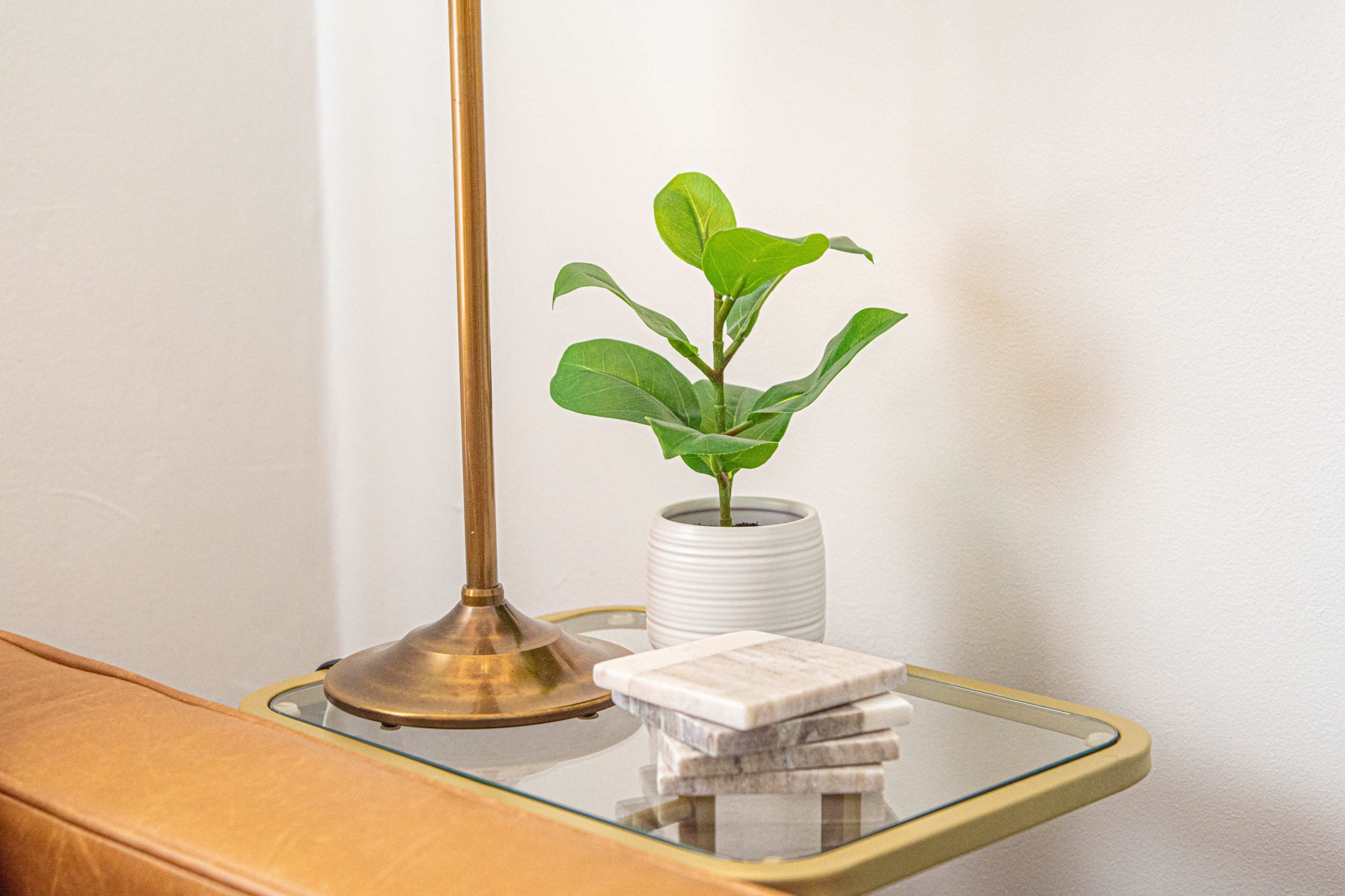 A small potted plant and a stack of coasters rest on a side table beneath a brass lamp.
