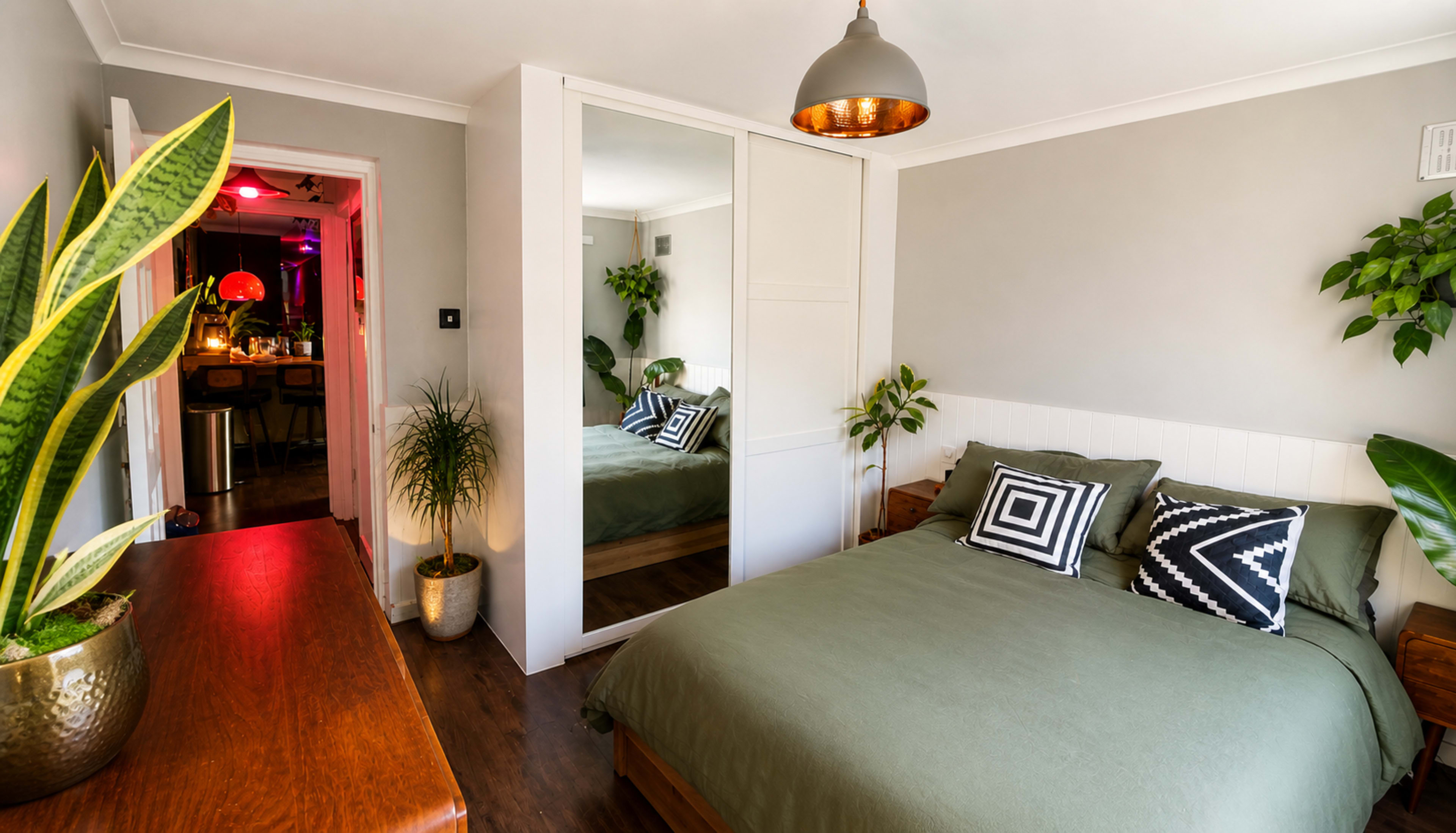 The image shows a cozy bedroom featuring a double bed with green bedding, decorative pillows, a large mirror, and plants adding greenery to the space.