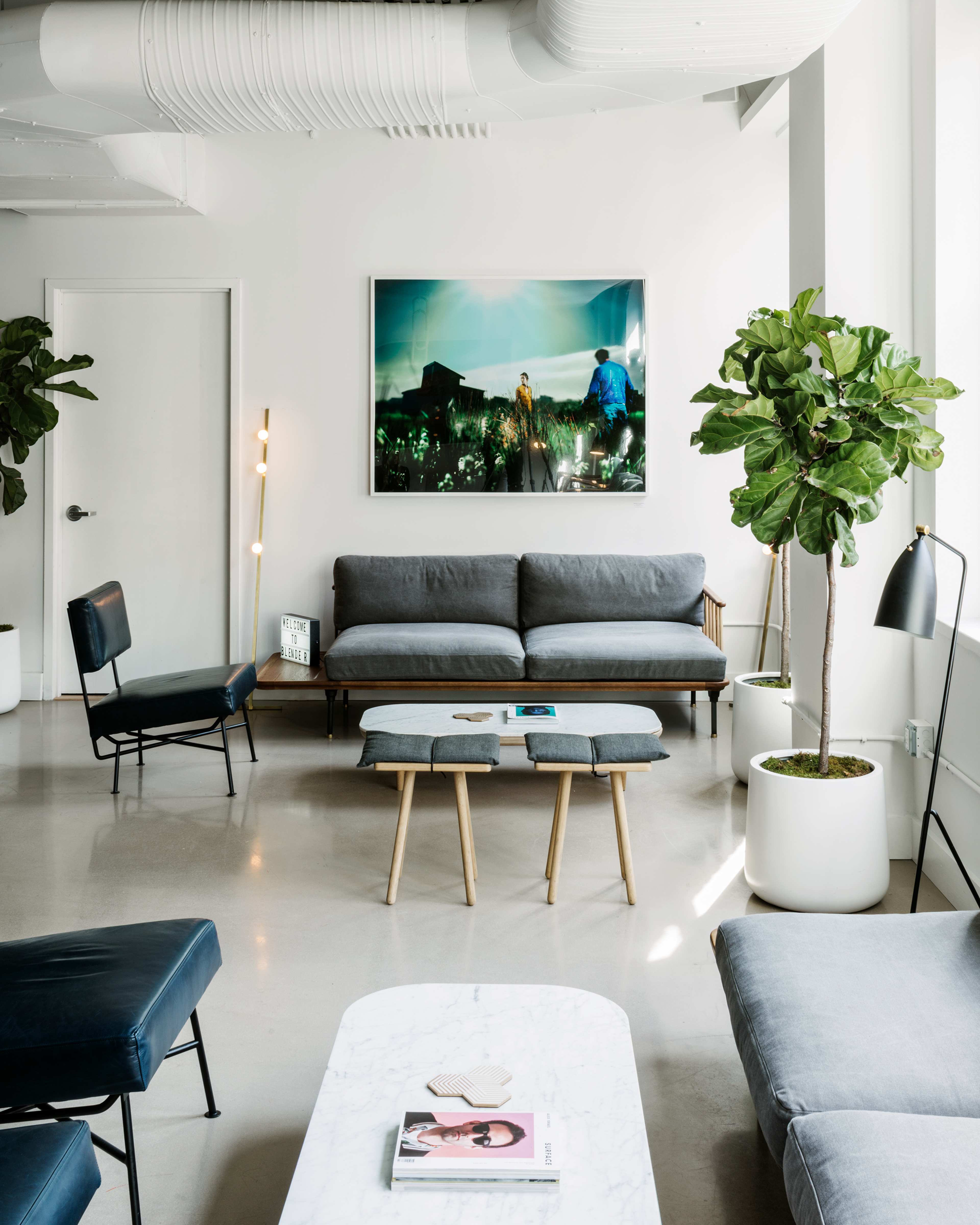 The image shows a modern, minimalist living room with a gray sofa, a coffee table, and plants, featuring a large artwork on the wall.