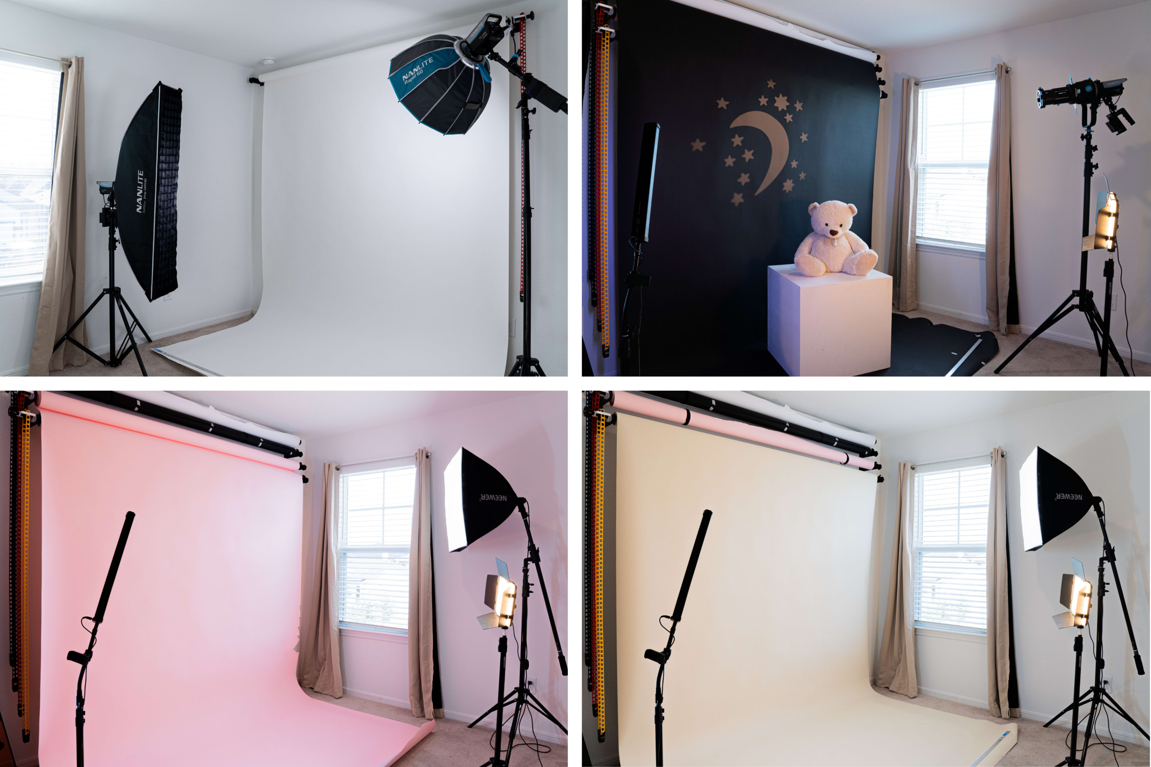 The image depicts a photography studio setup with various backdrops, lighting equipment, and a teddy bear on a pedestal.