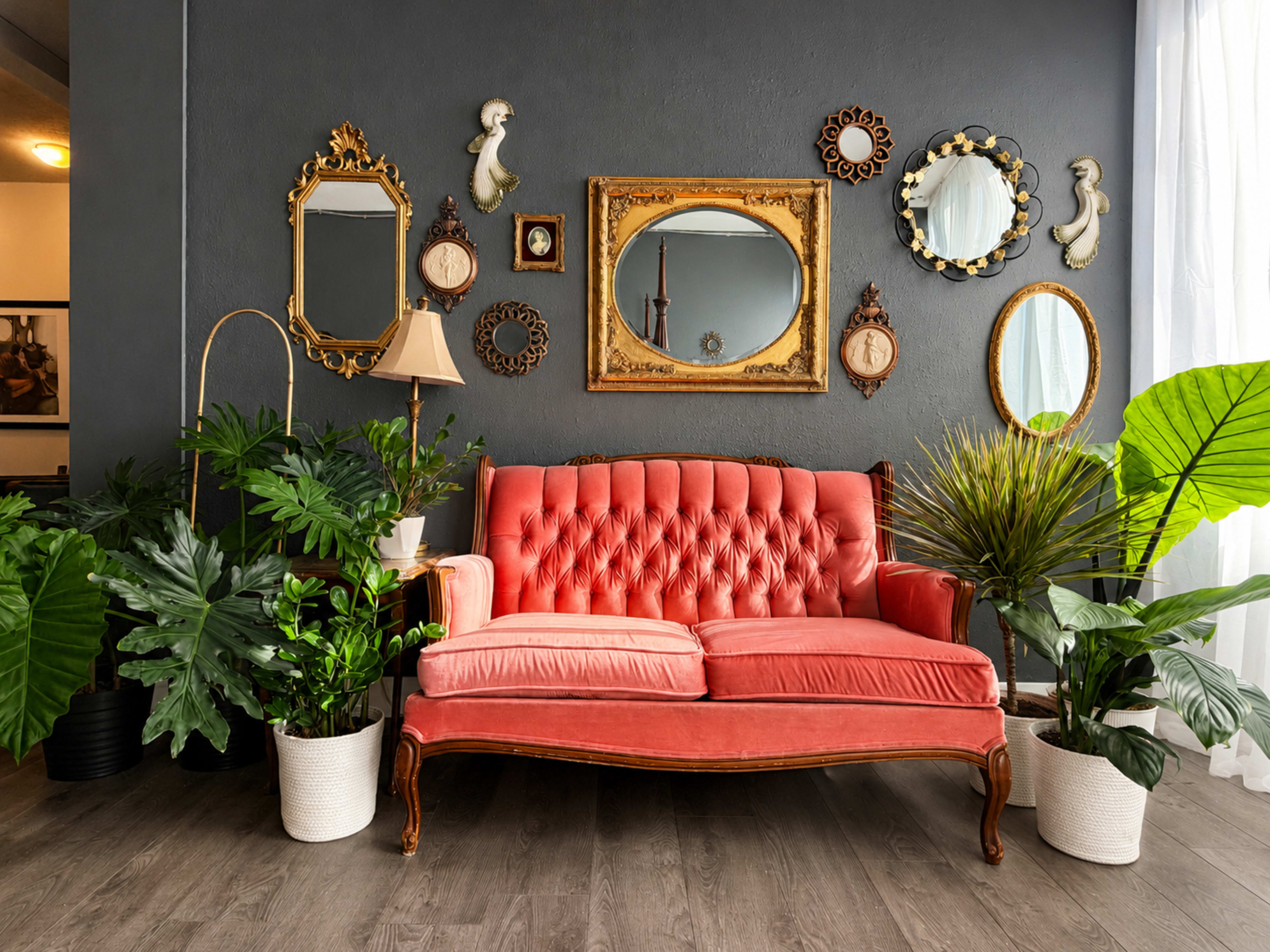 A vintage pink sofa is positioned against a gray wall adorned with various decorative mirrors, while lush green plants surround the seating area.