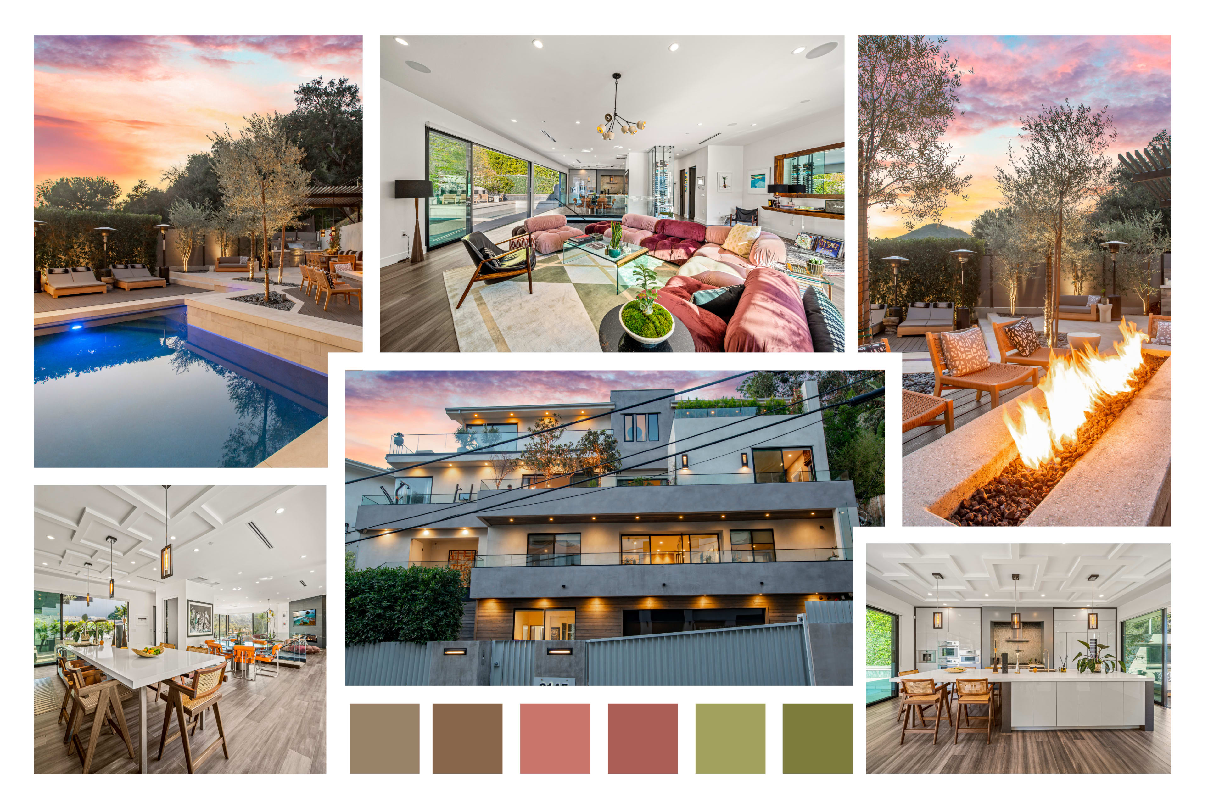 The image presents a luxury home with a modern design featuring a swimming pool, well-furnished interior spaces, and an outdoor fire pit, all set against a colorful sunset.