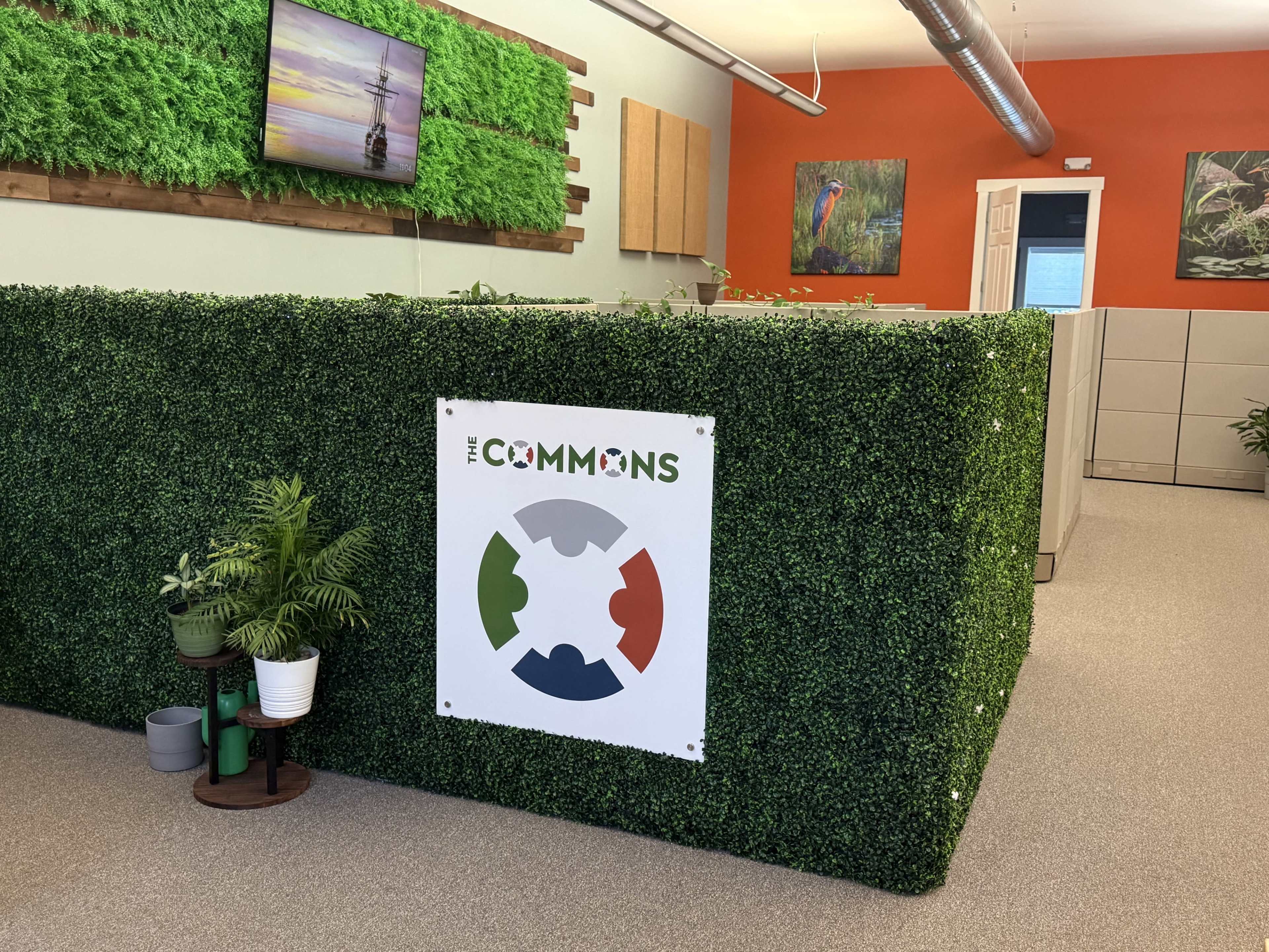 The image shows an office space with a green, plant-covered partition featuring a logo for "The Commons" and colorful artwork on the walls.