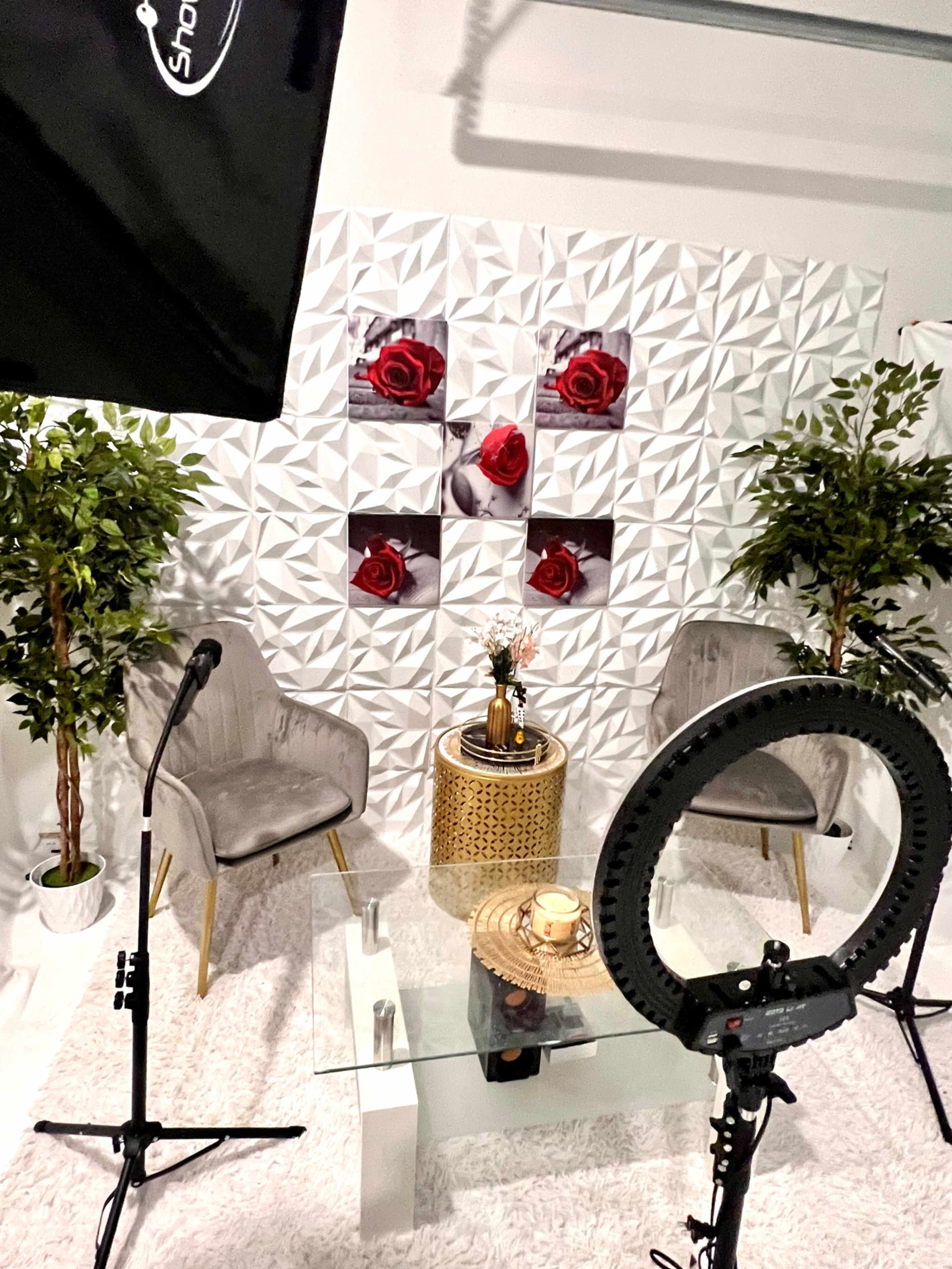 The image shows a modern interior setup featuring two gray chairs, a glass coffee table with decorative items, and a backdrop adorned with white geometric panels and pictures of red roses.
