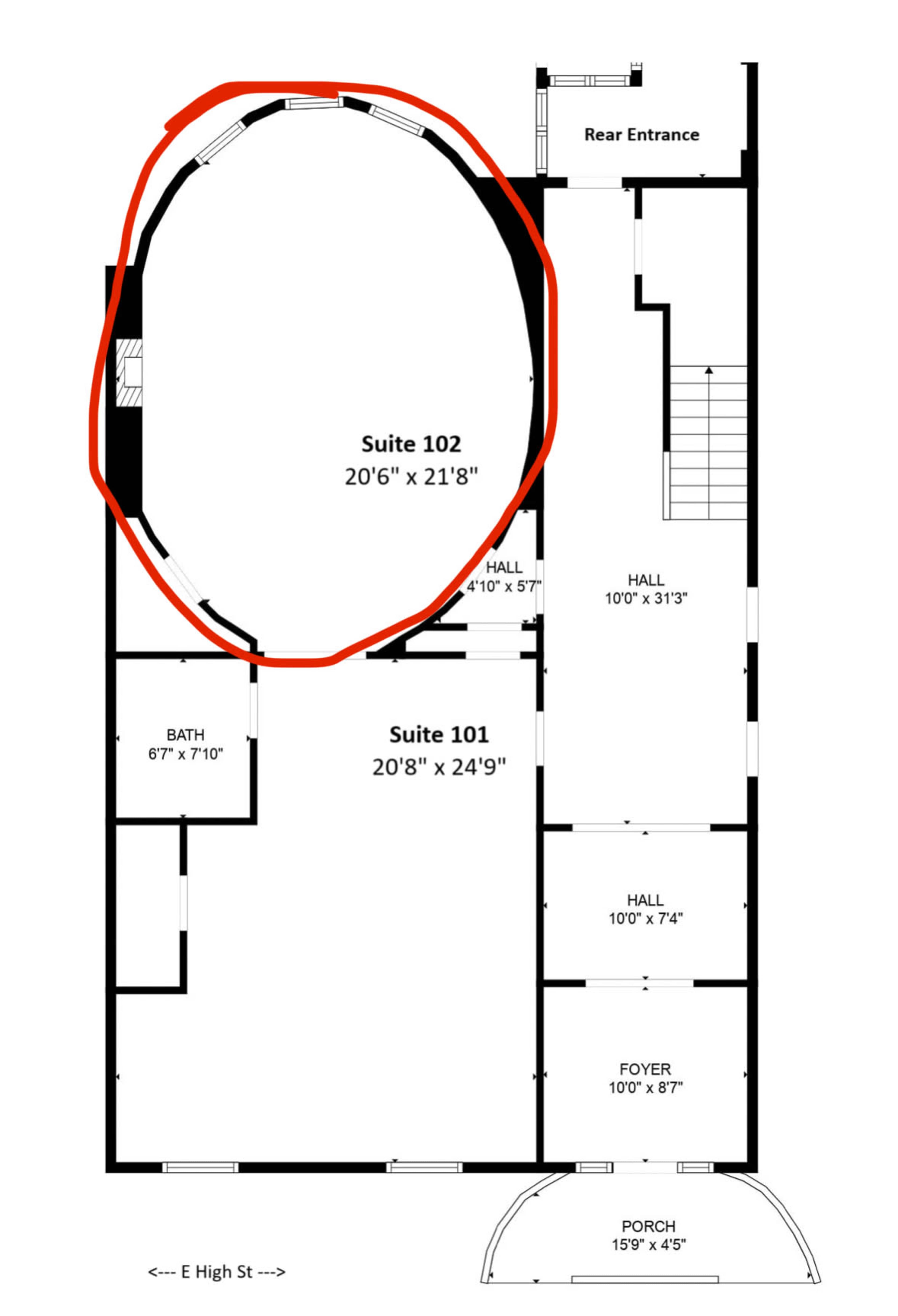The floor plan displays a building layout with two suites labeled Suite 101 and Suite 102, along with various hallways, a foyer, and a porch.