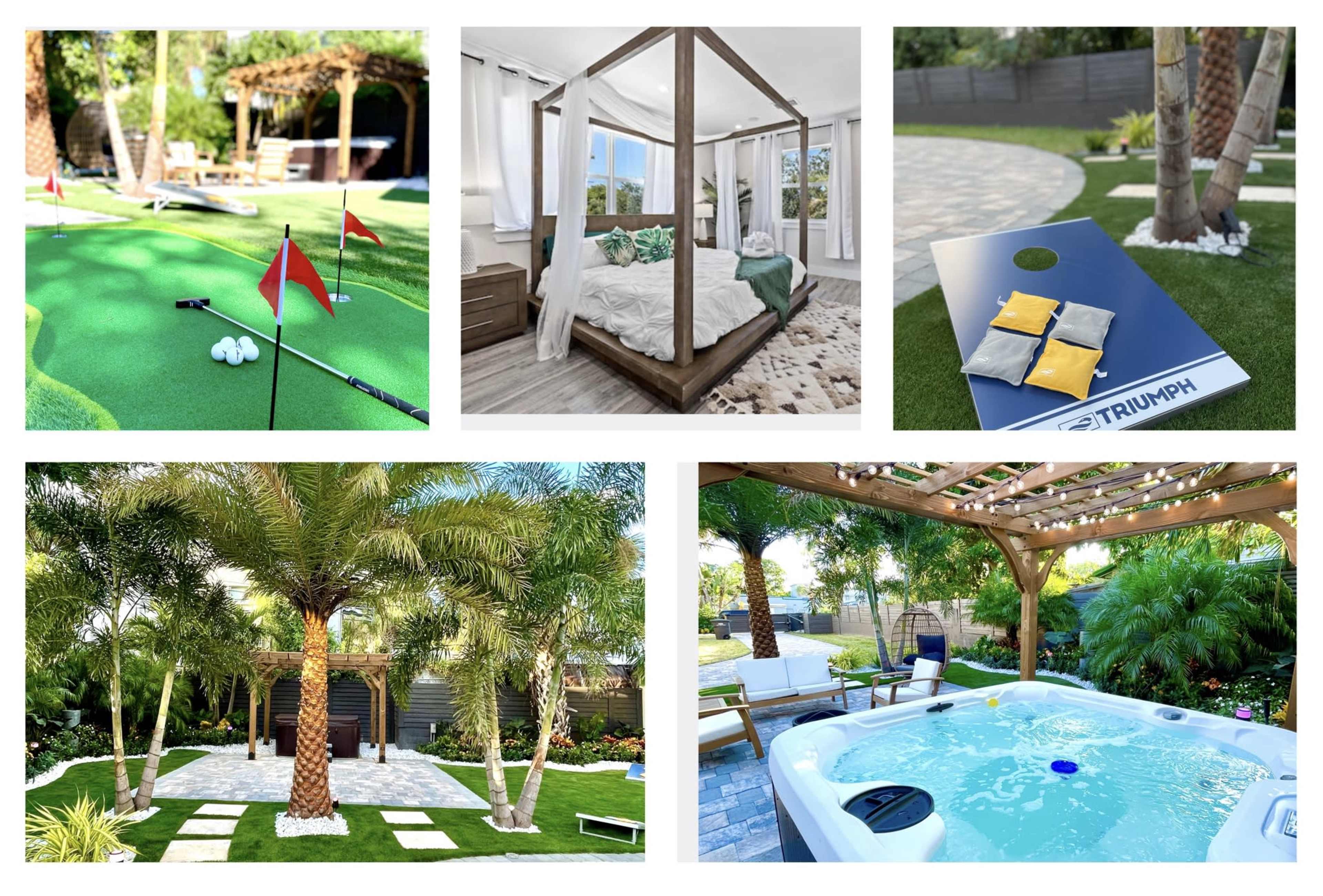 Various outdoor and indoor scenes, including a putting green, a canopy bed, a landscaped garden with palm trees, a dining setup, and a jacuzzi.