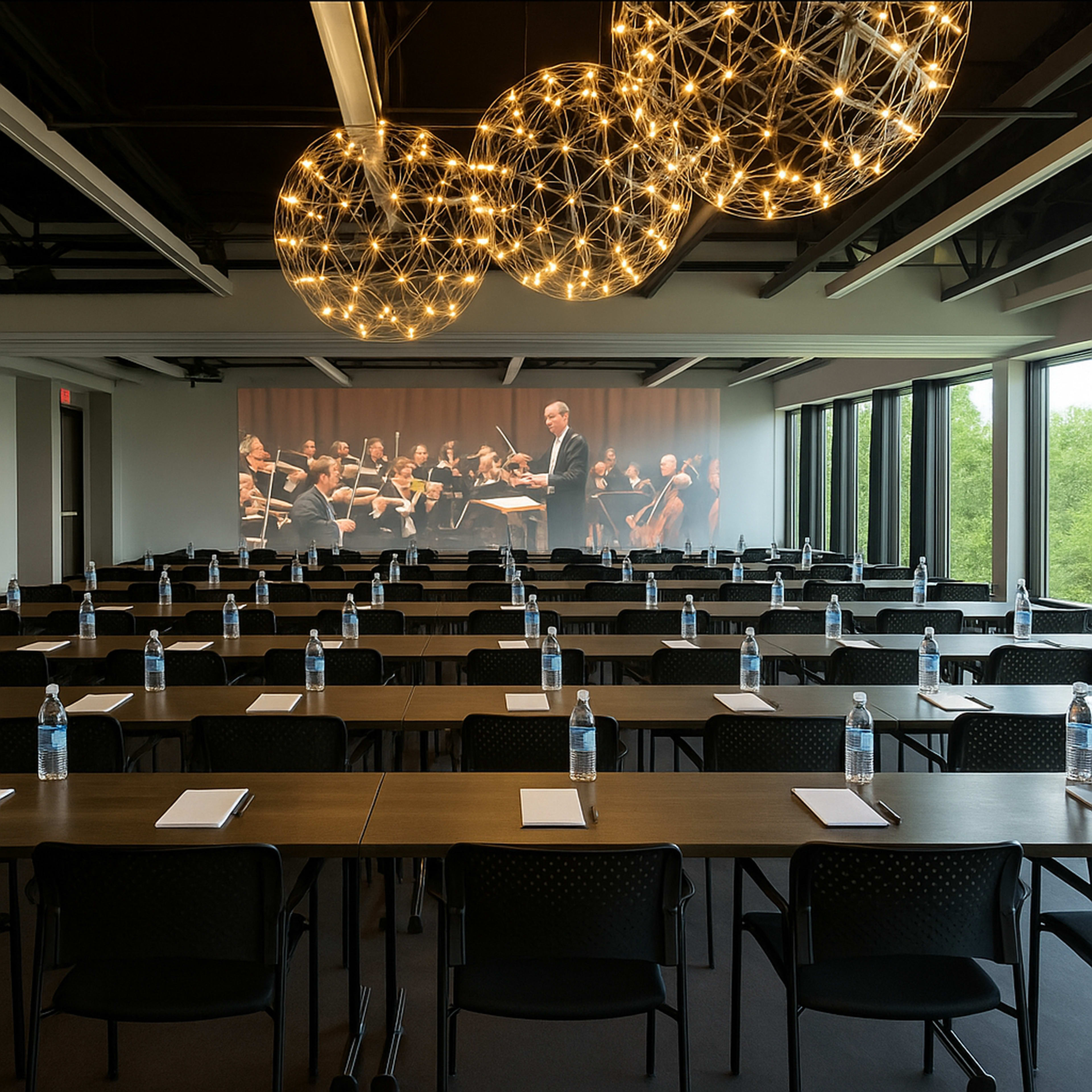 A conference room is arranged with rows of tables and chairs, each equipped with a water bottle and notepad, while a large screen displays an orchestra performance in the background.