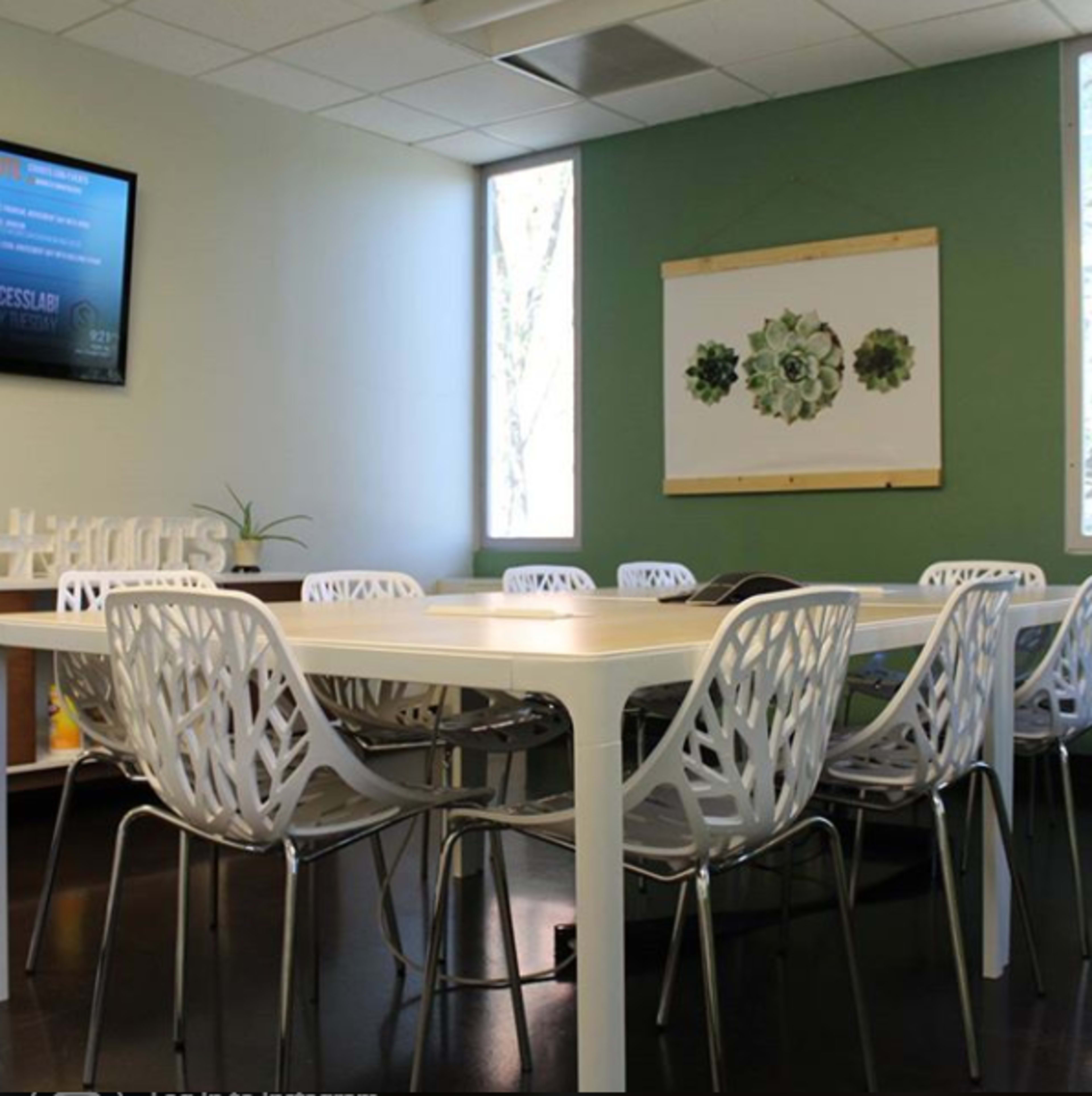 A modern meeting room features a large white table surrounded by white, leafy patterned chairs, with a green accent wall and a wall-mounted TV displaying information.