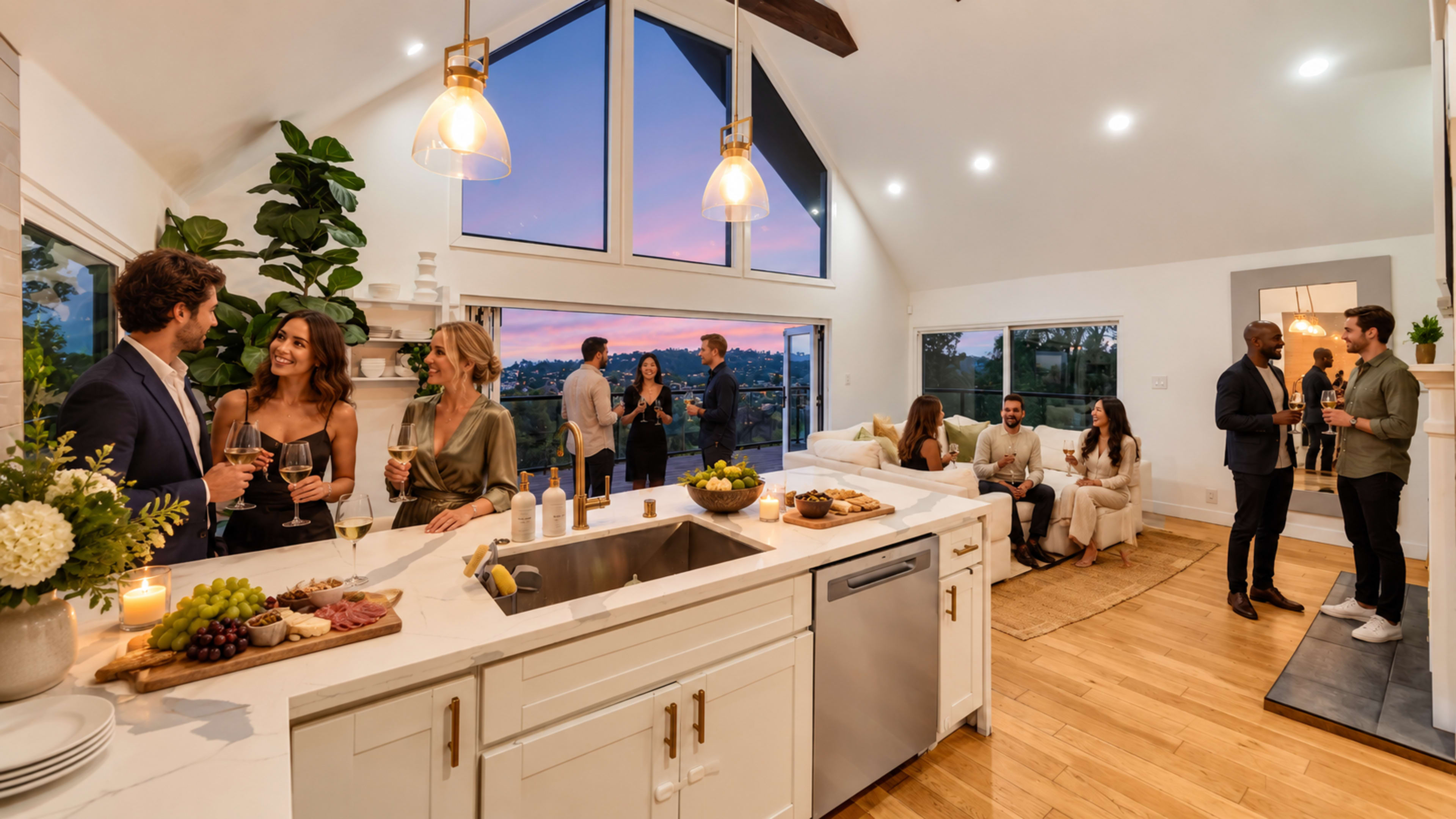 The image shows a modern, open-concept living space with guests socializing and enjoying drinks at a gathering during sunset.