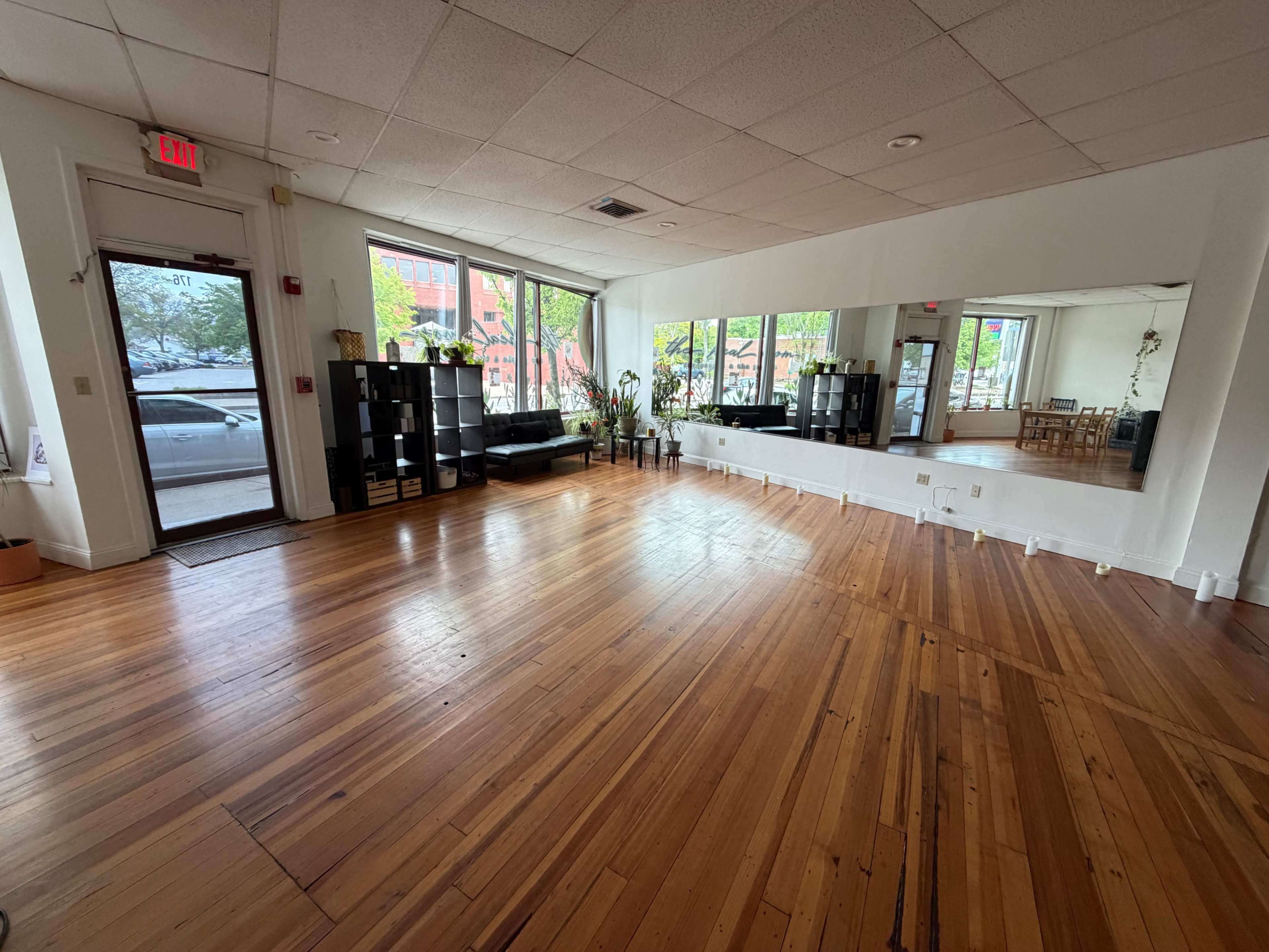 The image shows a spacious, empty room with hardwood floors and large windows allowing natural light, featuring black furniture and plant decorations.