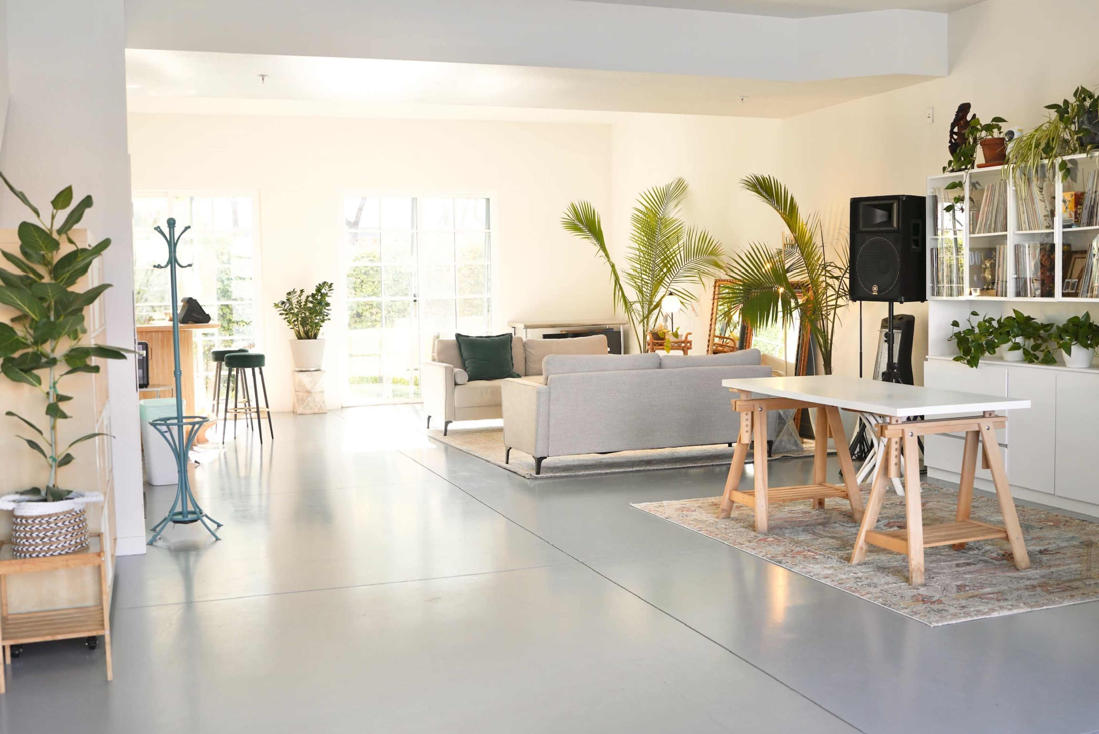 The image shows a bright, spacious interior featuring a living area with a sofa, plants, and a dining table, framed by large windows that let in natural light.
