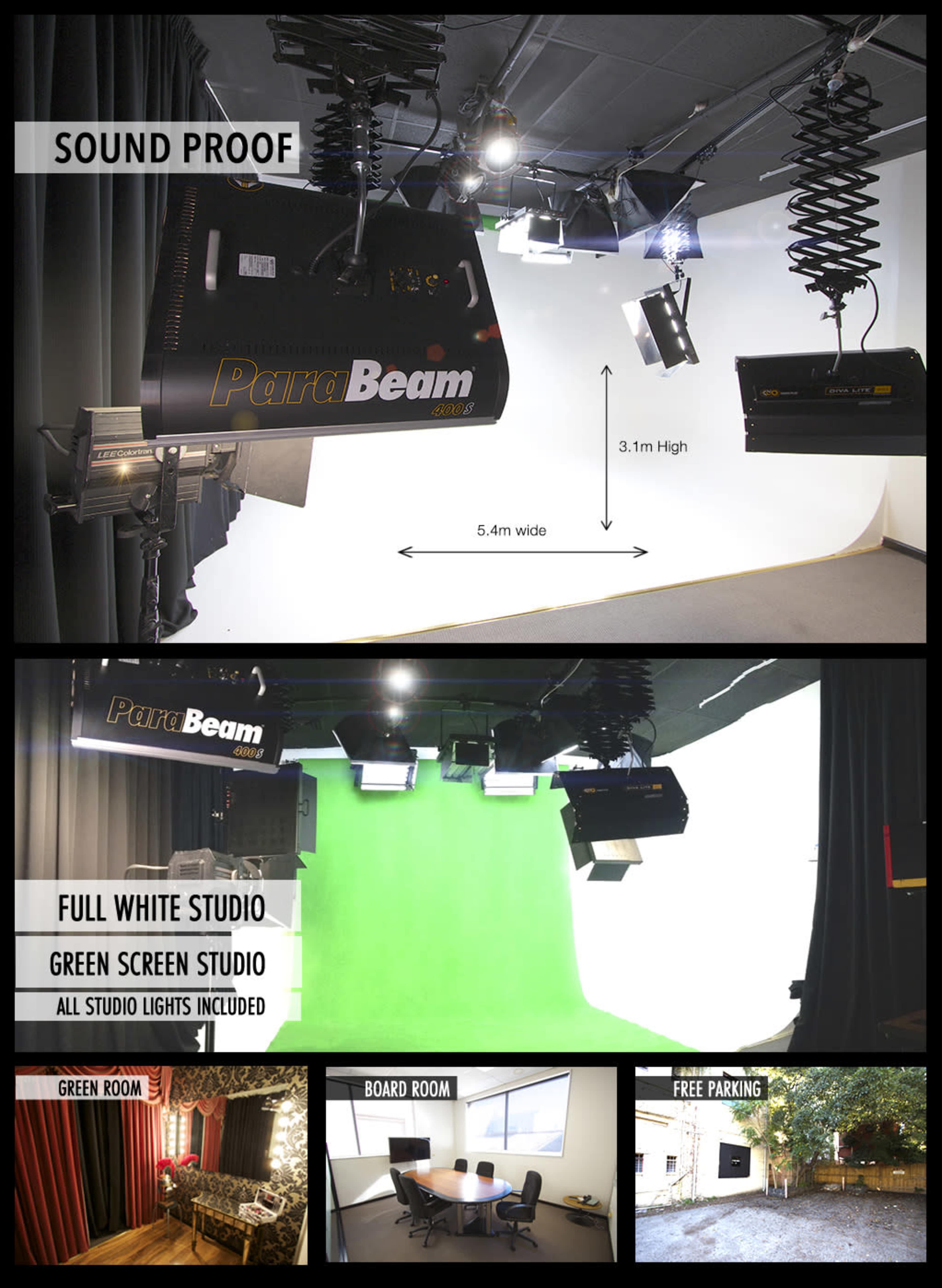 A soundproof studio set-up featuring a full white backdrop, a green screen, various lighting equipment, a boardroom, and an area designated for free parking.