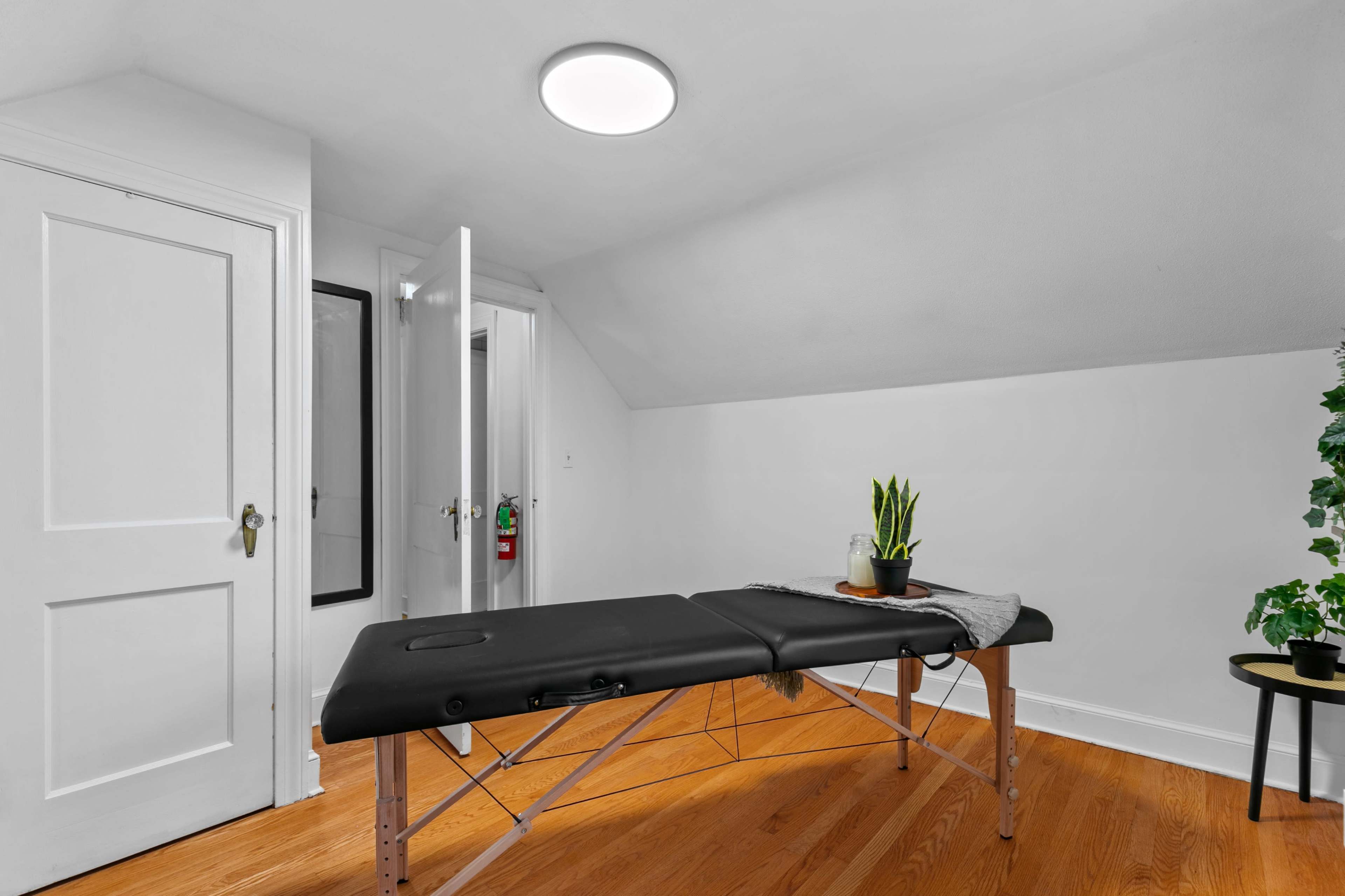 A minimalist treatment room with a black massage table, a plant on a side table, and a partially opened door.