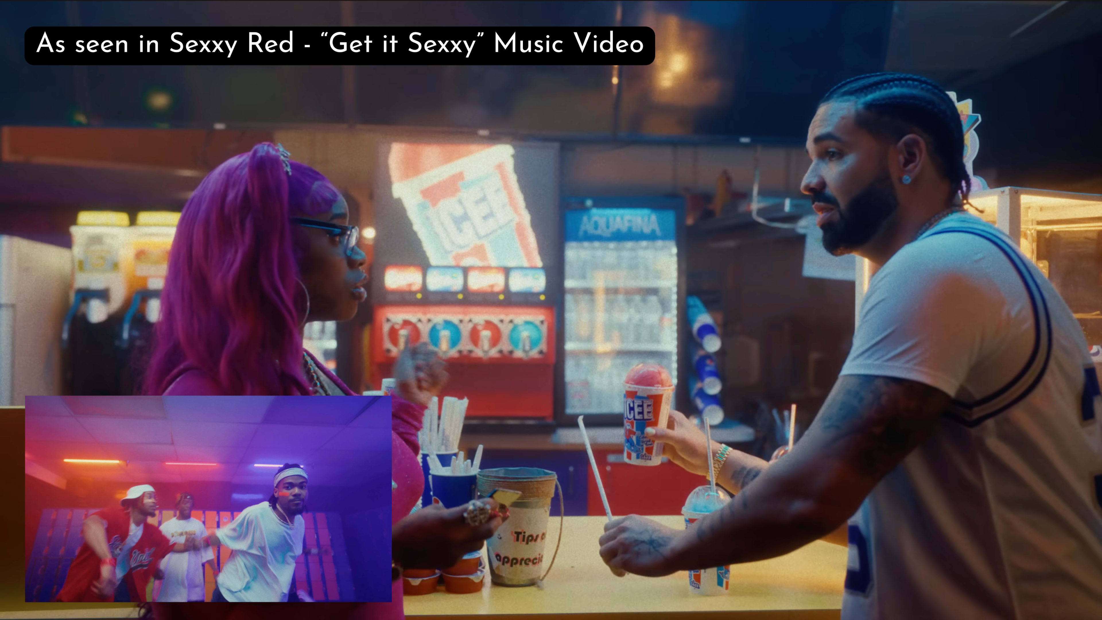 A man and a woman are engaged in conversation at a brightly lit concession stand, surrounded by colorful drink machines and snacks.