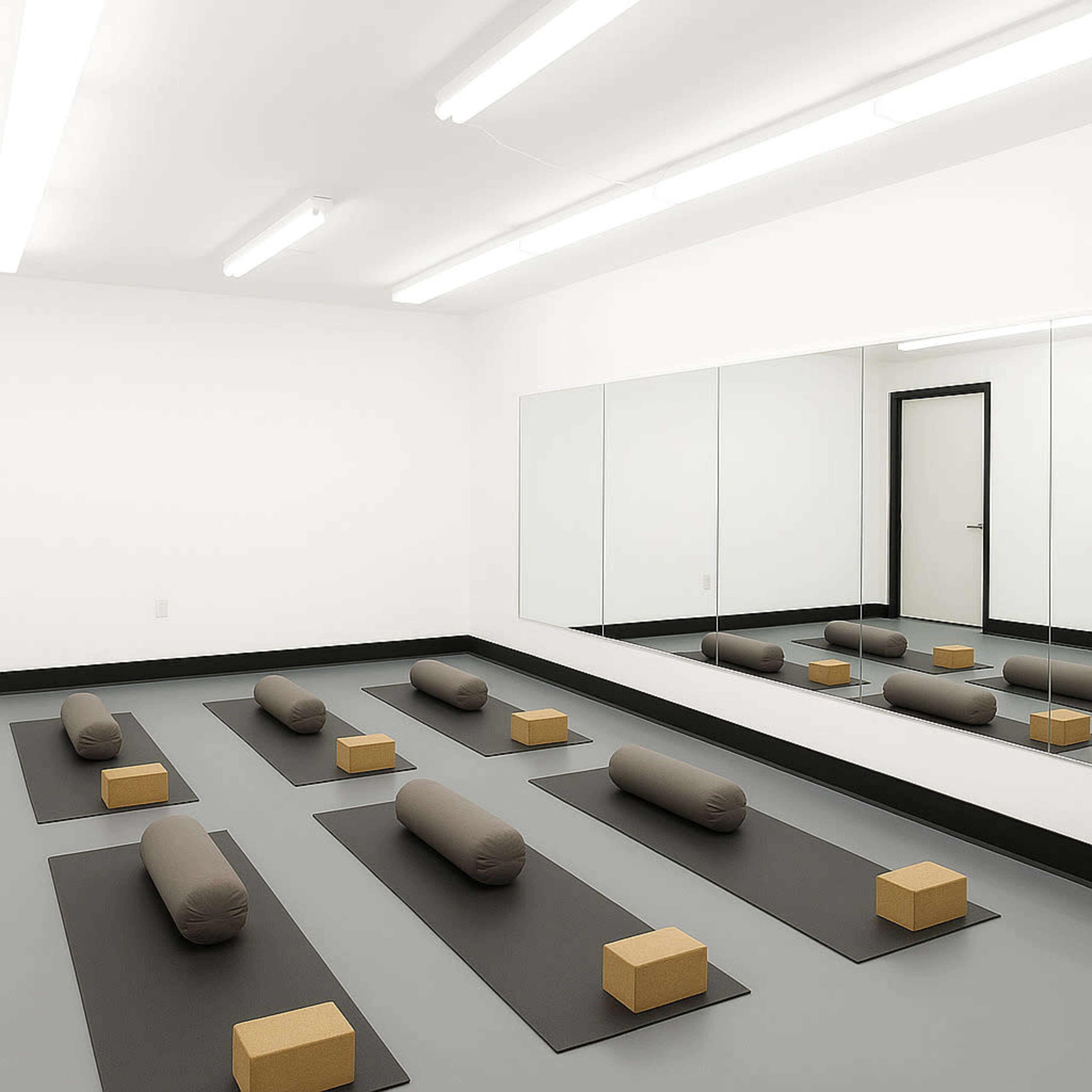 The image depicts a minimalist yoga studio with several yoga mats, bolsters, and blocks arranged neatly on the floor, and a mirror on one wall.