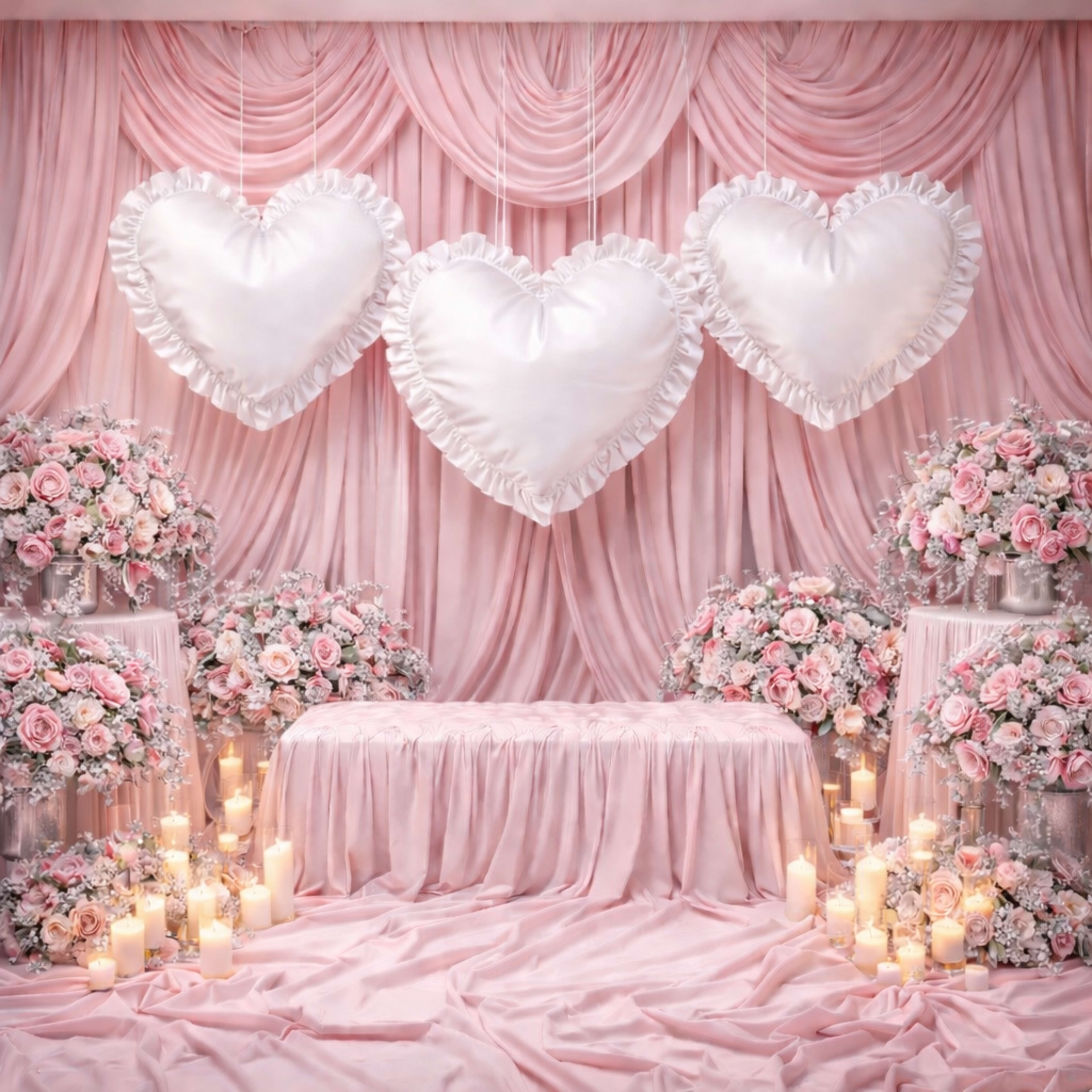 The image features a romantic wedding backdrop with three large white heart-shaped decorations, flanked by floral arrangements and lit candles on elegant tables.