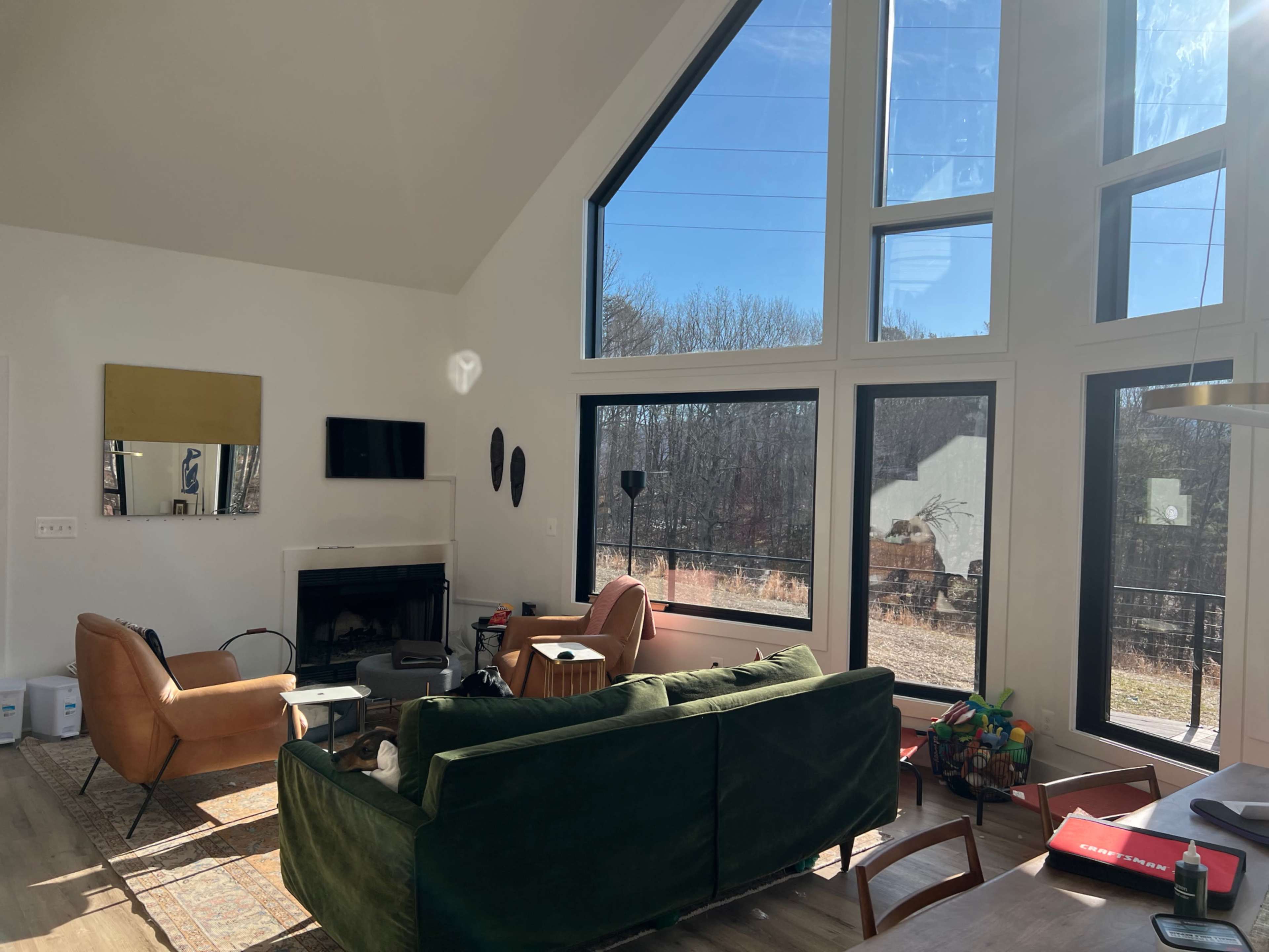 The image shows a modern living room with large windows overlooking a wooded area, featuring a green sofa, an orange chair, and a fireplace.