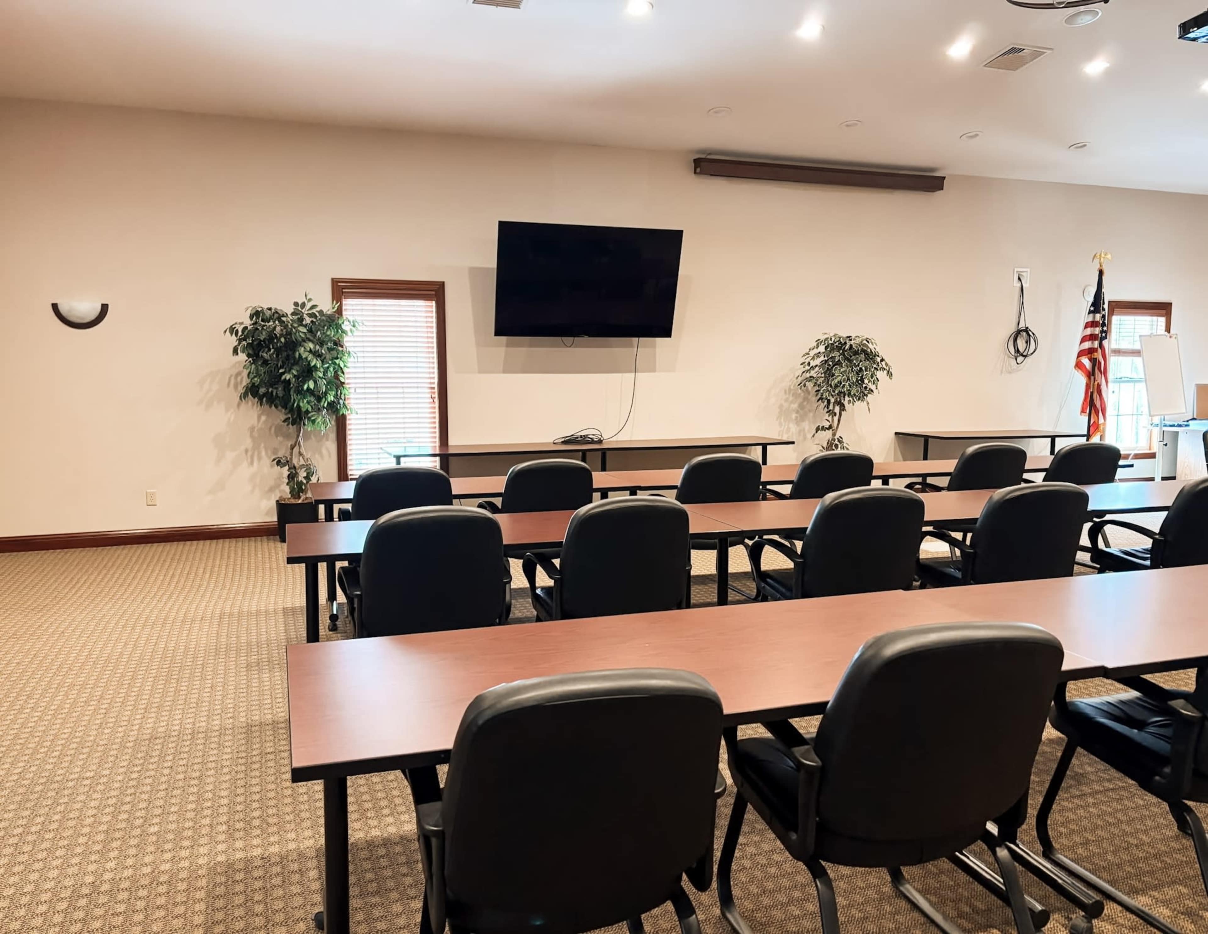 The image shows a conference room with several rows of black chairs facing a large screen, along with two potted plants and an American flag in the background.