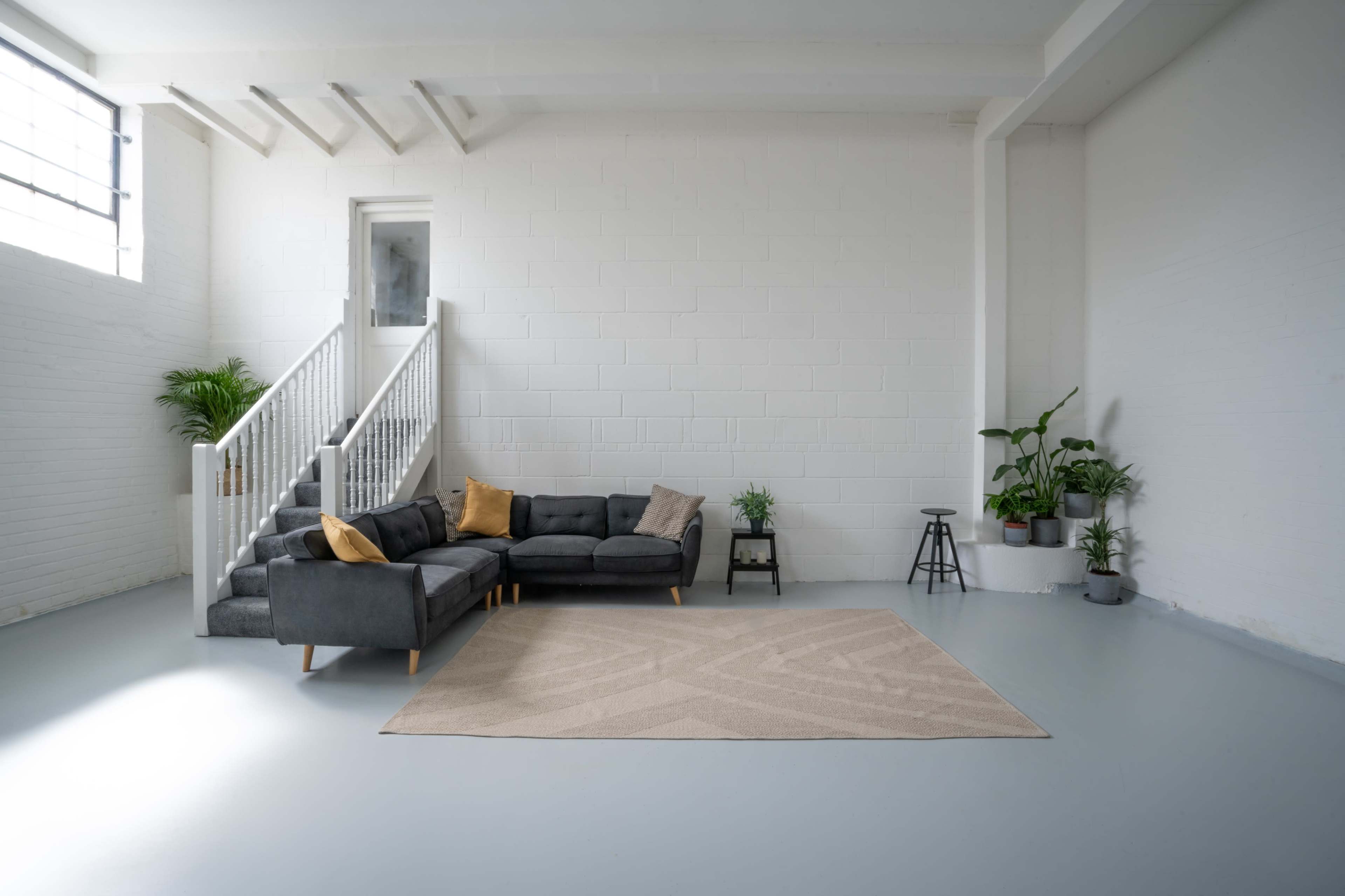 The image shows a minimalist living room with a gray sectional sofa, a light-colored area rug, and various potted plants, alongside a staircase leading to a door.