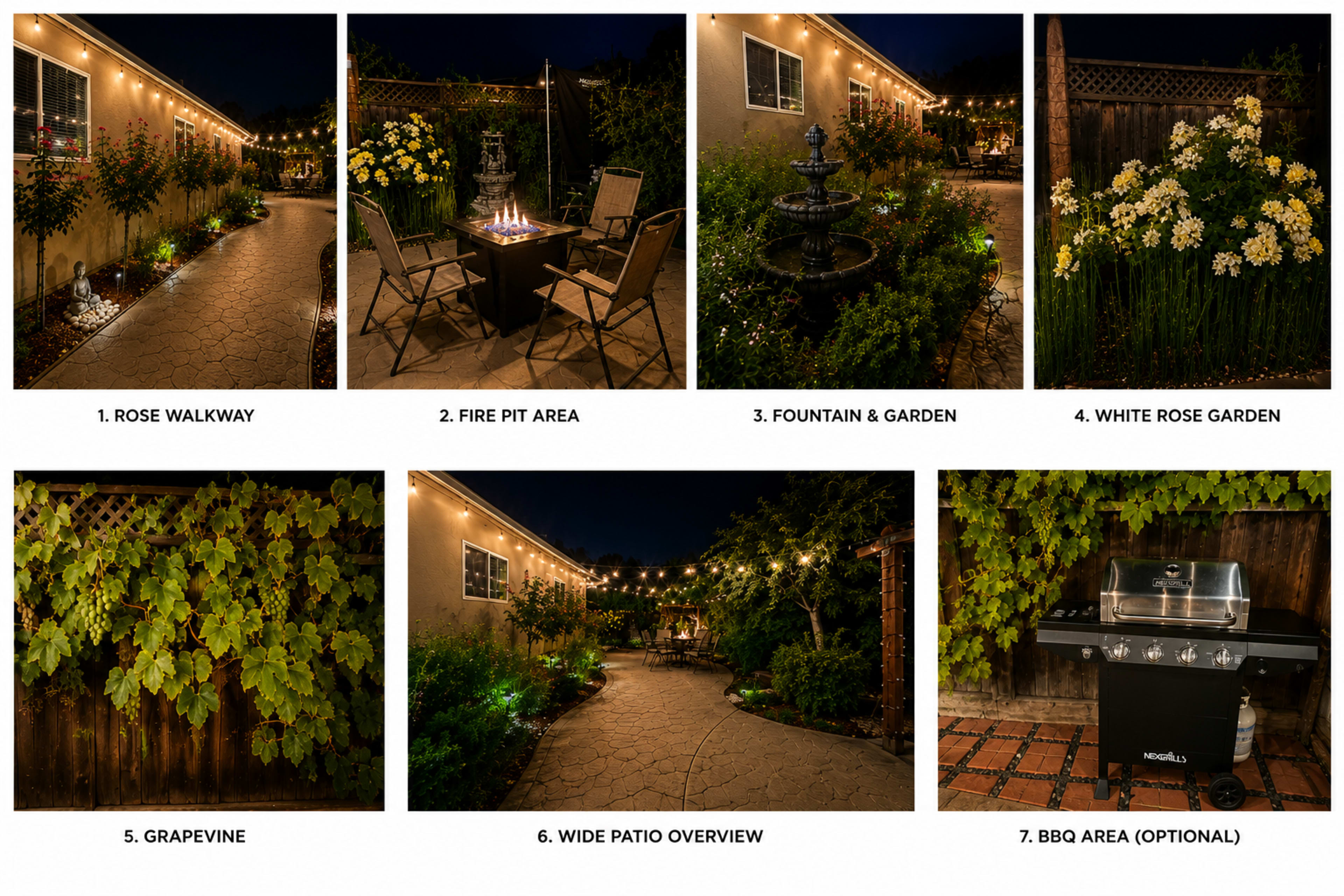 The image showcases a beautifully designed outdoor space featuring various areas such as a rose walkway, fire pit area, fountain, wide patio overview, and a BBQ area, all illuminated by soft lighting at night.