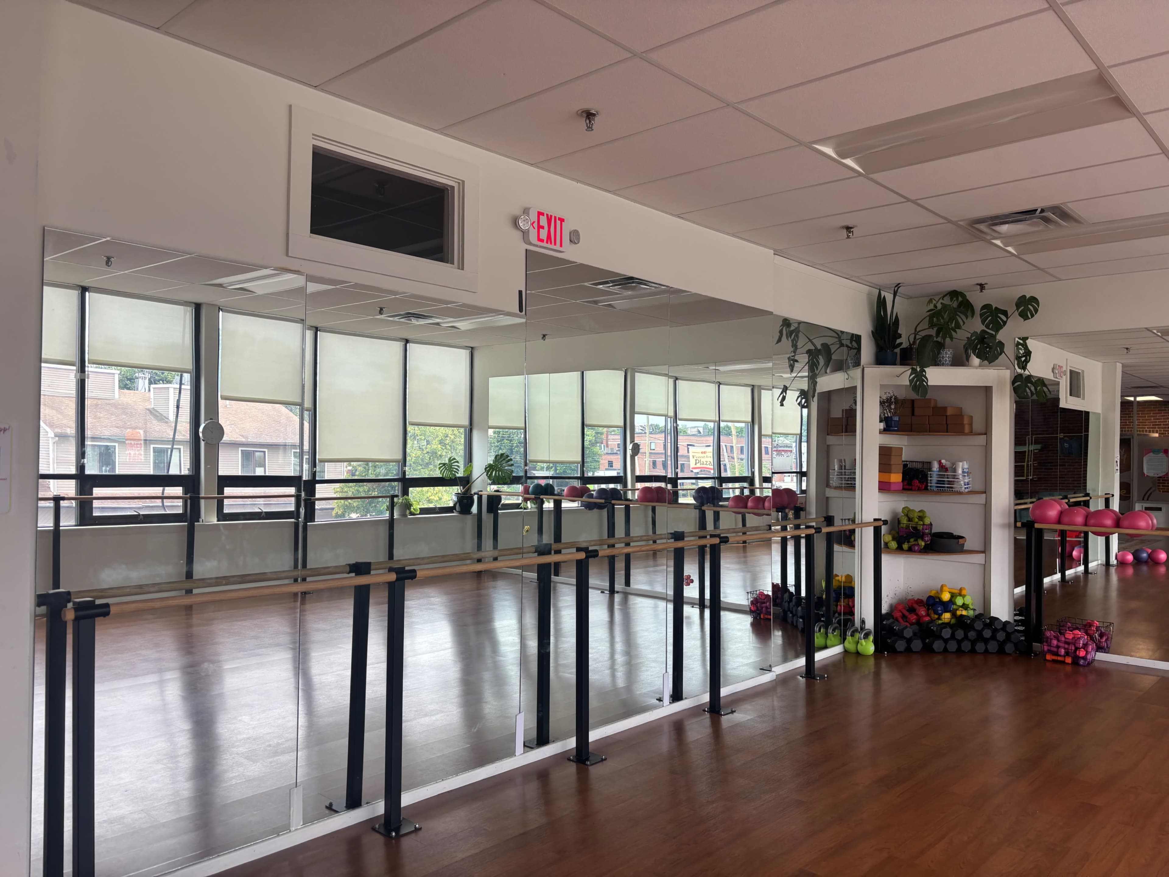 The image shows a fitness studio featuring a mirrored wall, wooden flooring, and various exercise equipment neatly arranged on shelves.