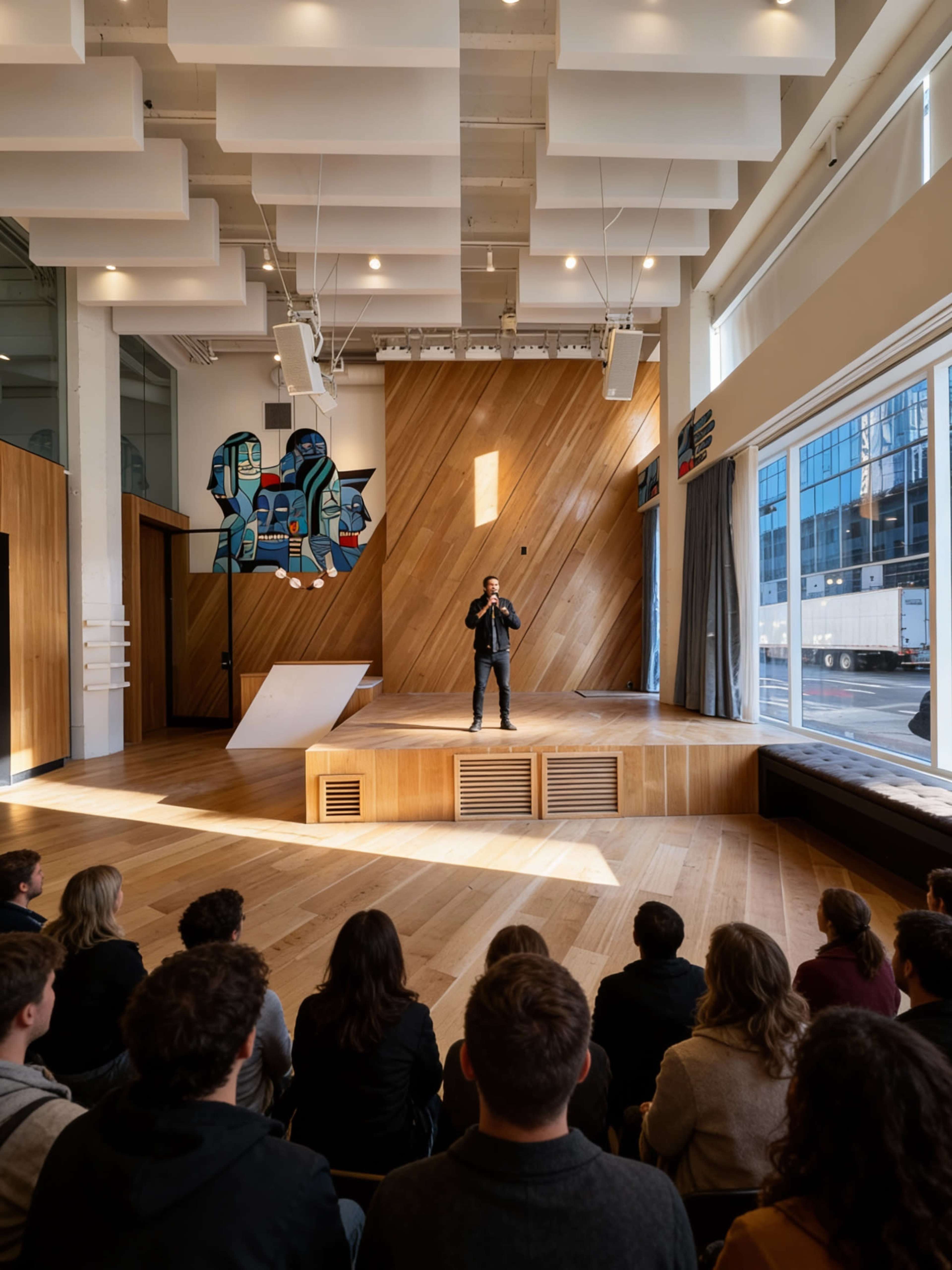 A person stands on a wooden stage in a modern, well-lit space while an audience sits in front, listening attentively.