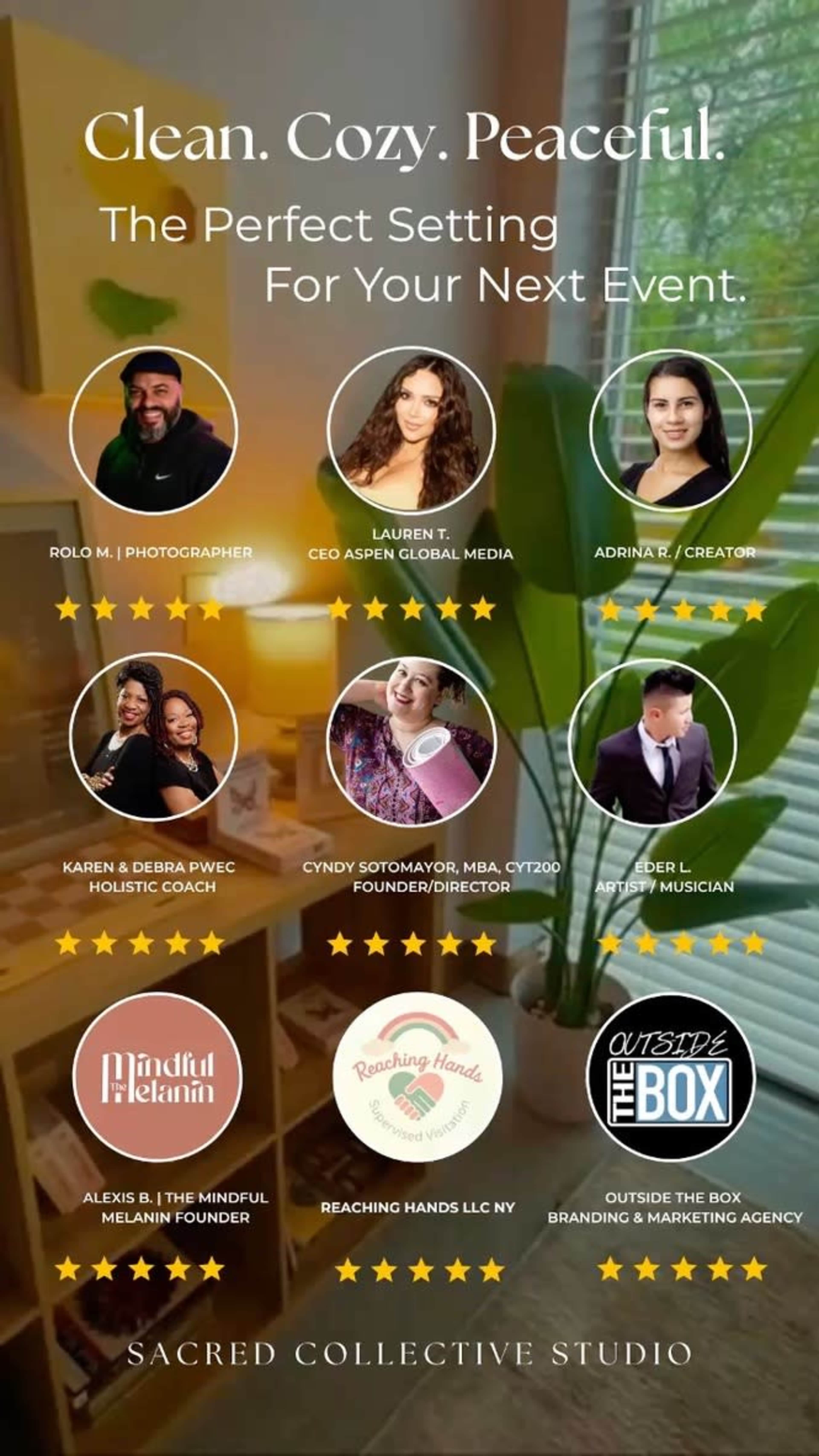 The image features a promotional graphic for Sacred Collective Studio, highlighting various individuals alongside a tagline about hosting events in a clean and cozy setting.