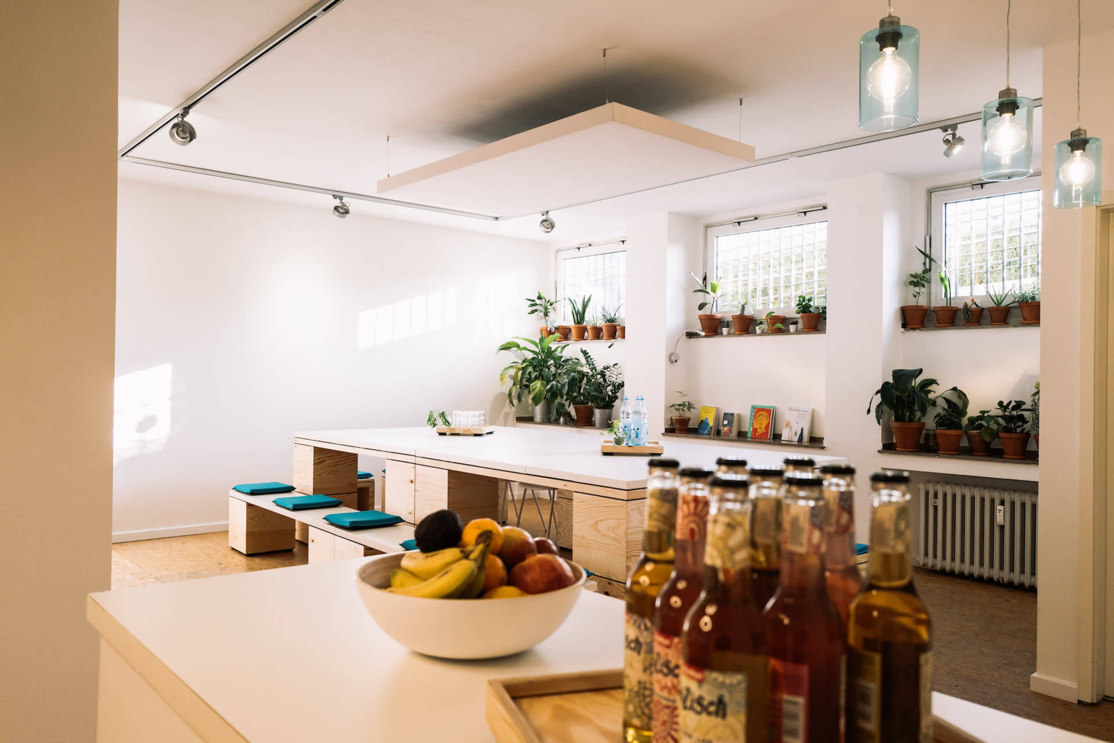 A modern kitchen and dining area features a long wooden table surrounded by potted plants and natural light streaming through the windows.