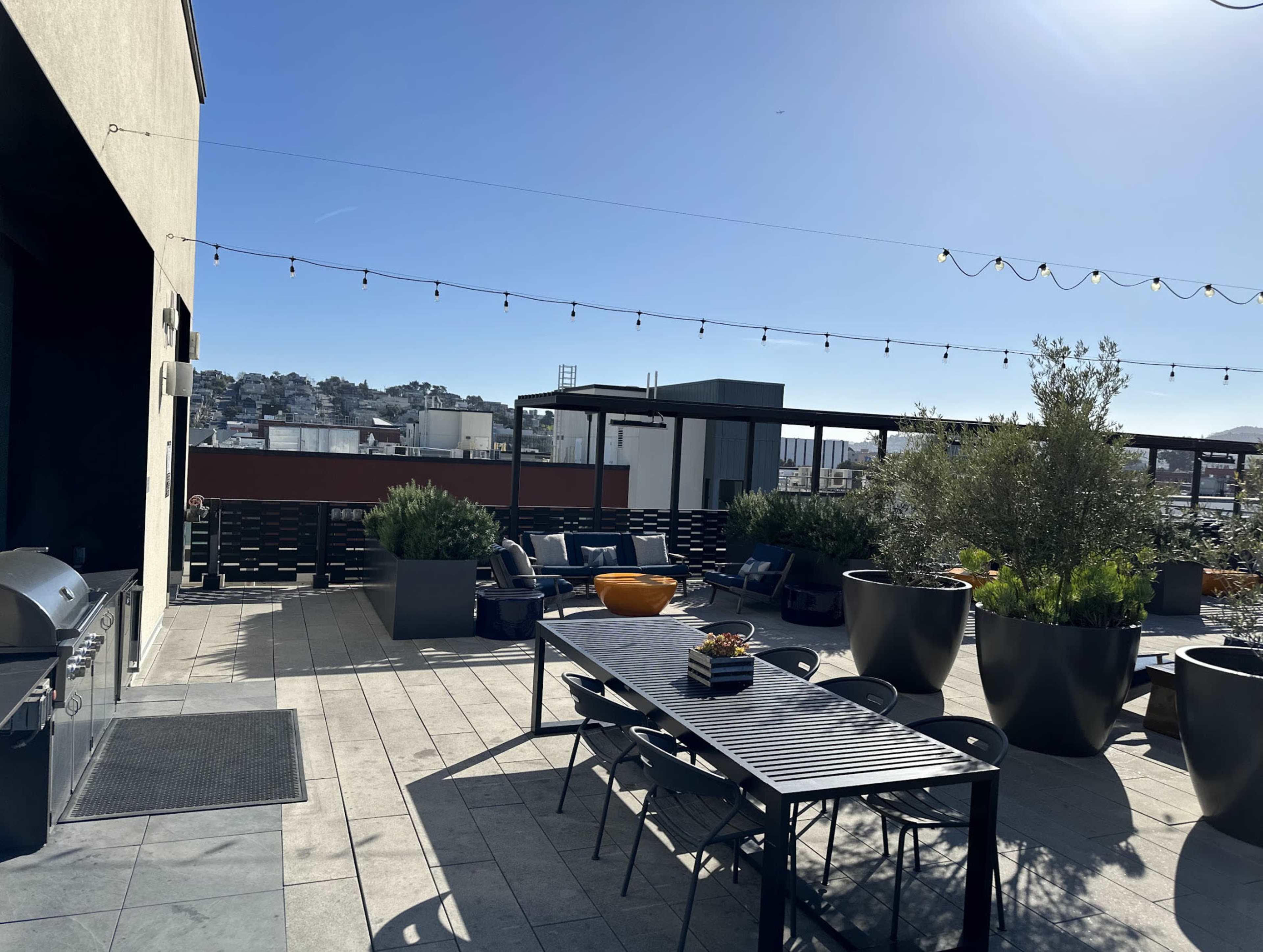 The rooftop terrace features dining tables, large planters, and string lights beneath a clear blue sky.