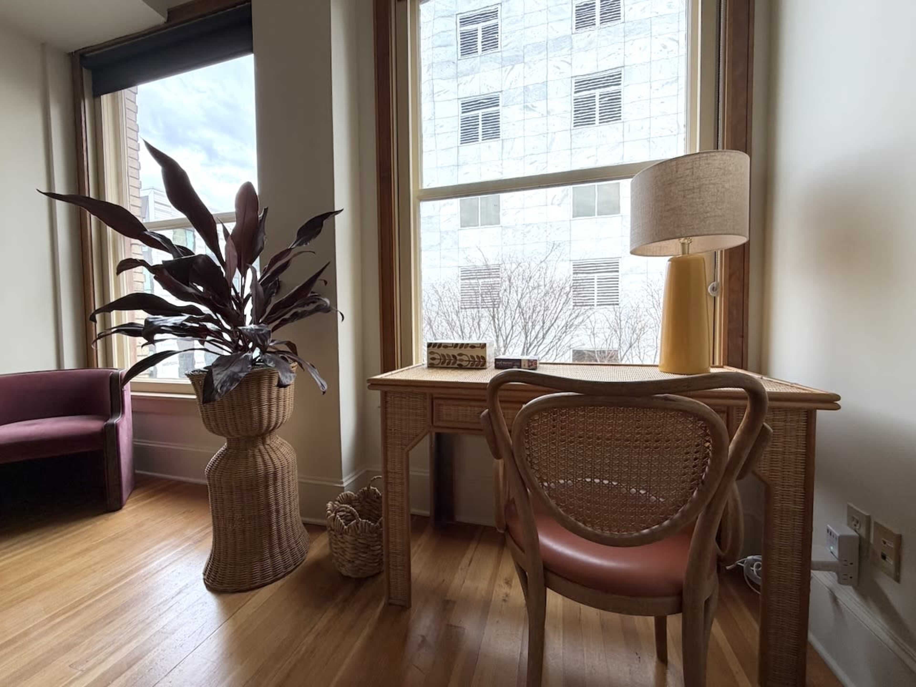 The scene features a small home office area with a wooden desk, a rattan chair, a lamp, and a large potted plant beside a window overlooking a building.