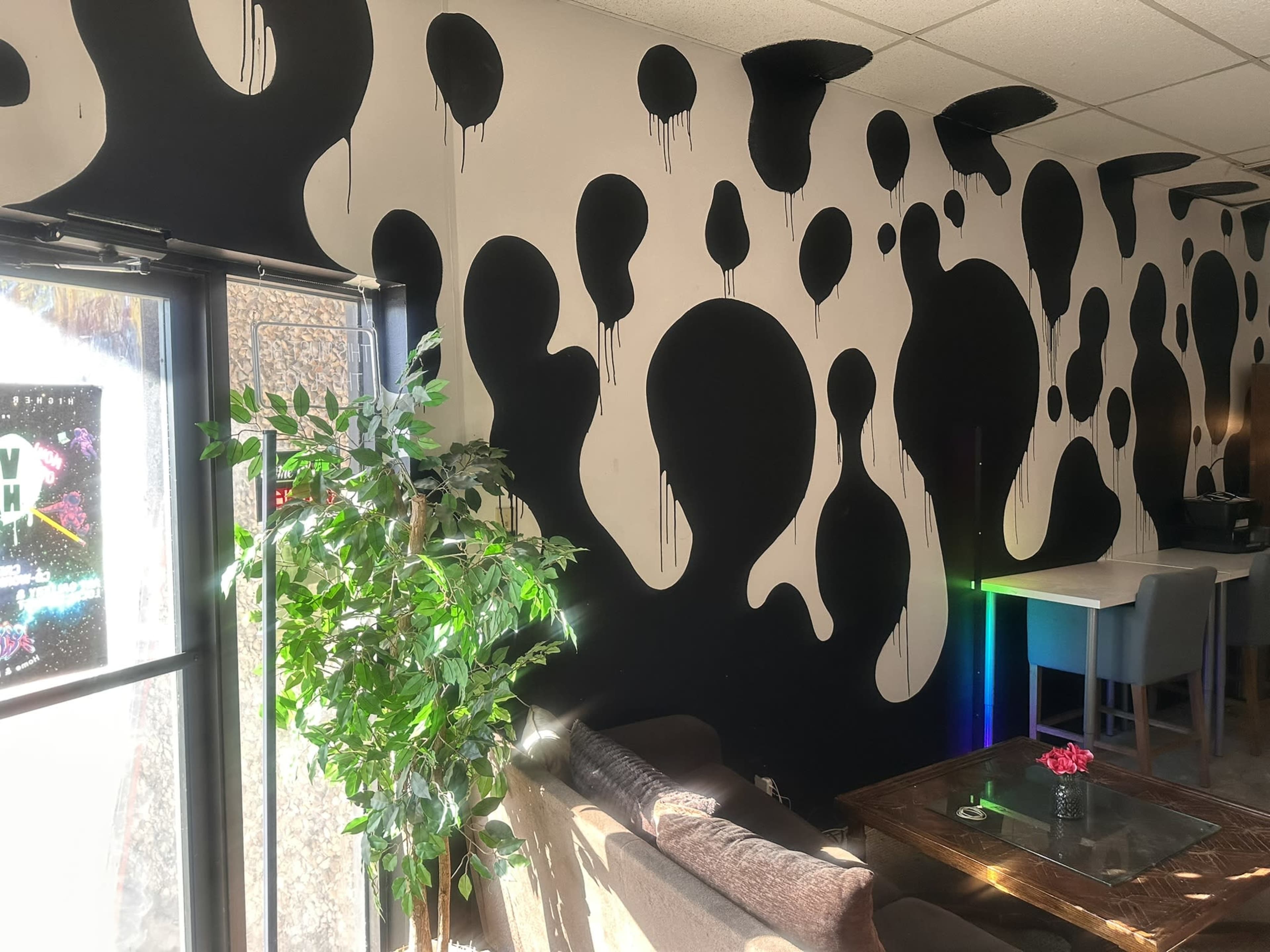 The image shows a modern interior with a wall featuring black and white abstract designs resembling dripping shapes, alongside a large plant and a seating area.