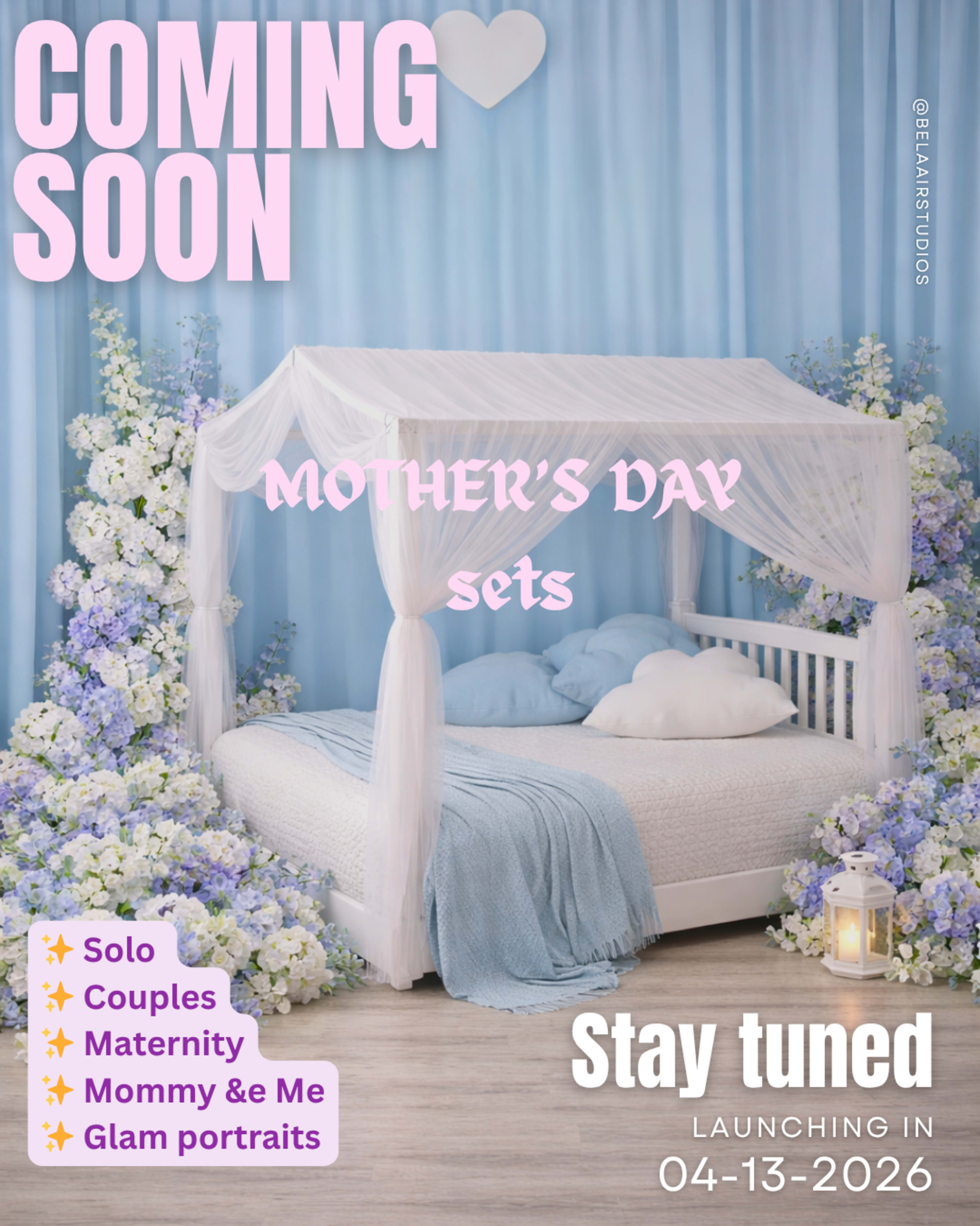 A decorated photo studio features a draped canopy bed surrounded by flowers and cushions, with promotional text announcing upcoming Mother's Day photo sets.