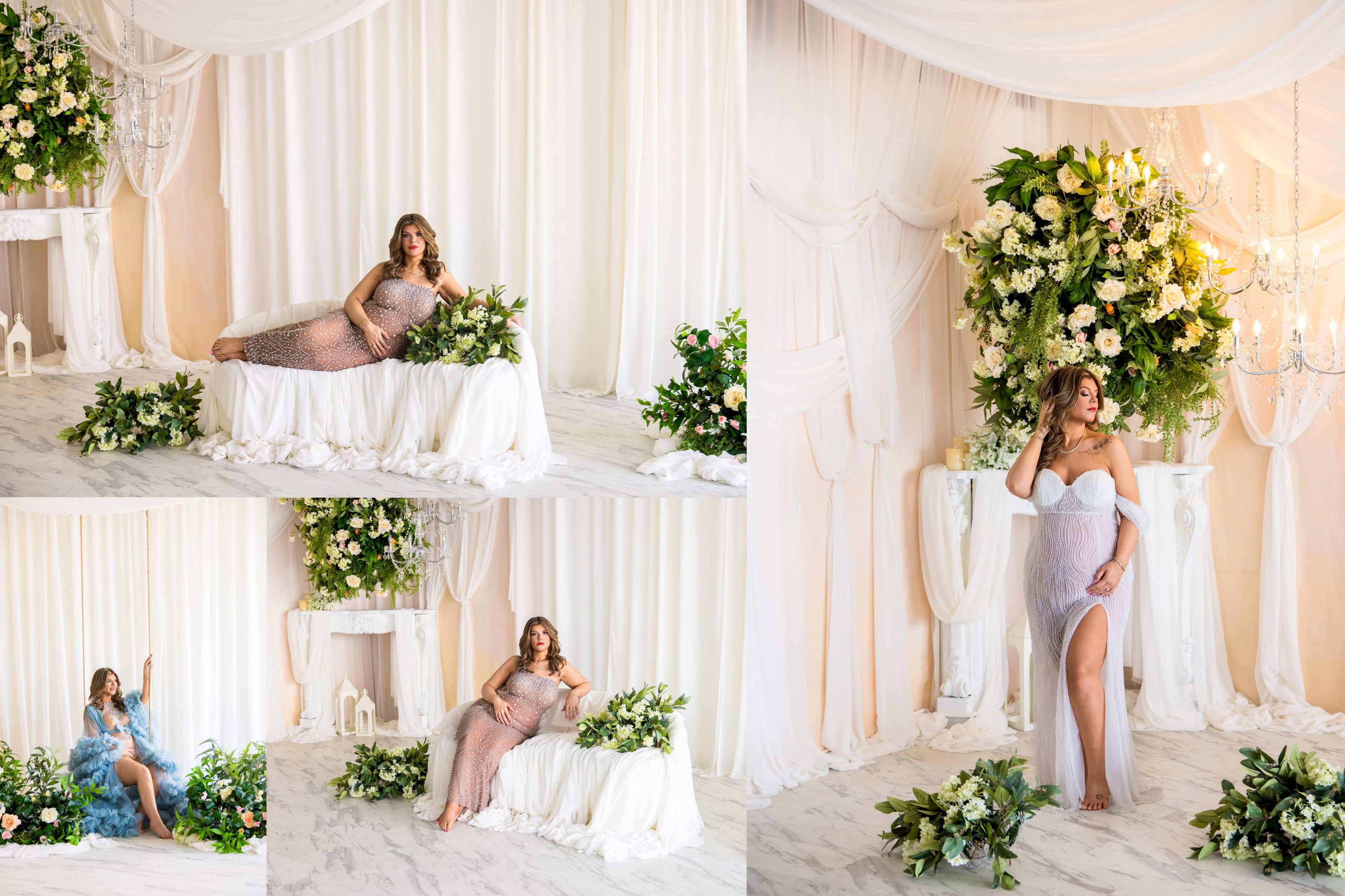 The image features a woman posing in various elegant outfits against a backdrop of draped fabric and floral arrangements.