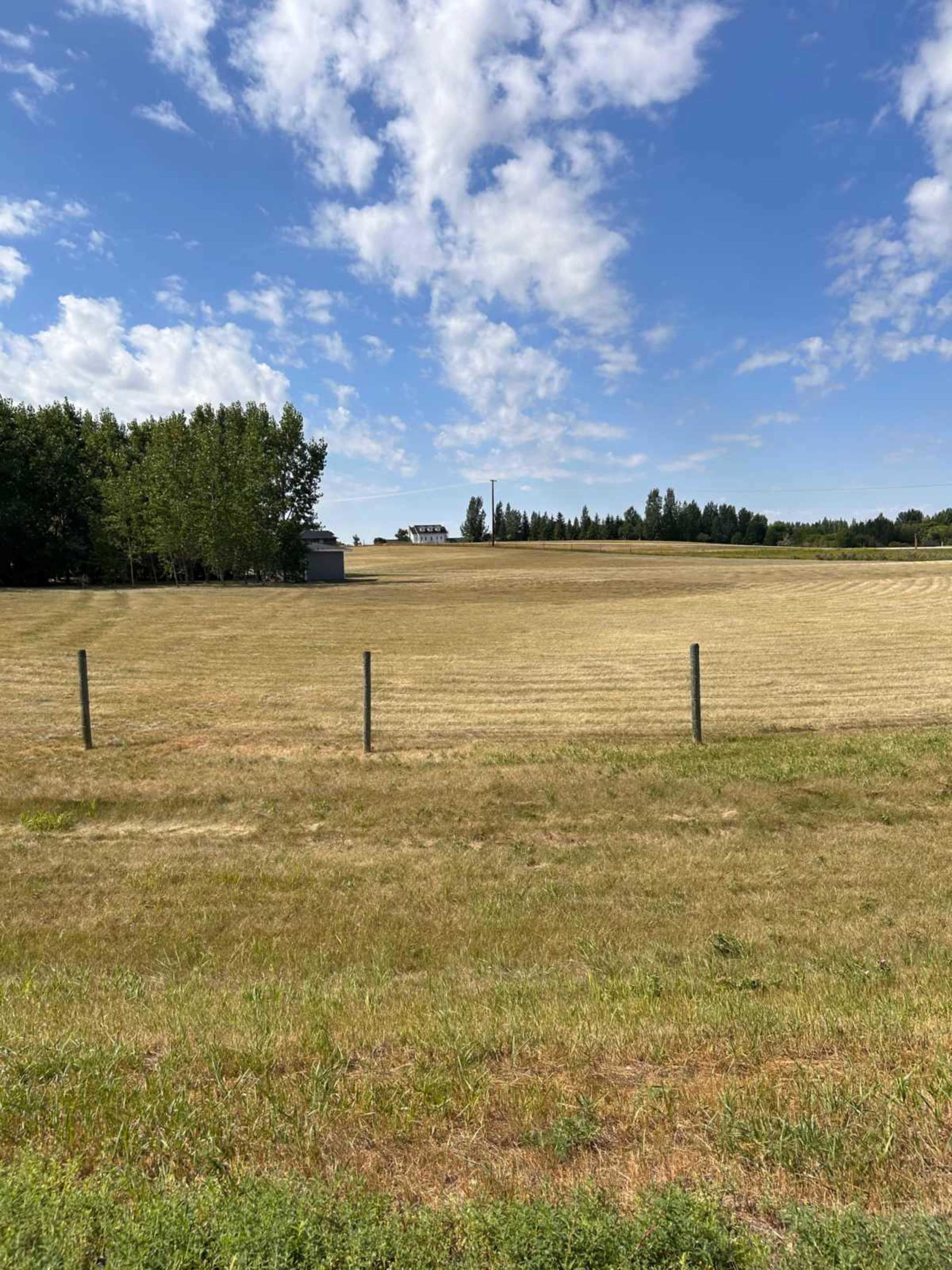 The image shows a wide, open field with dry grass, bordered by a fence and dotted with trees under a blue sky filled with clouds.