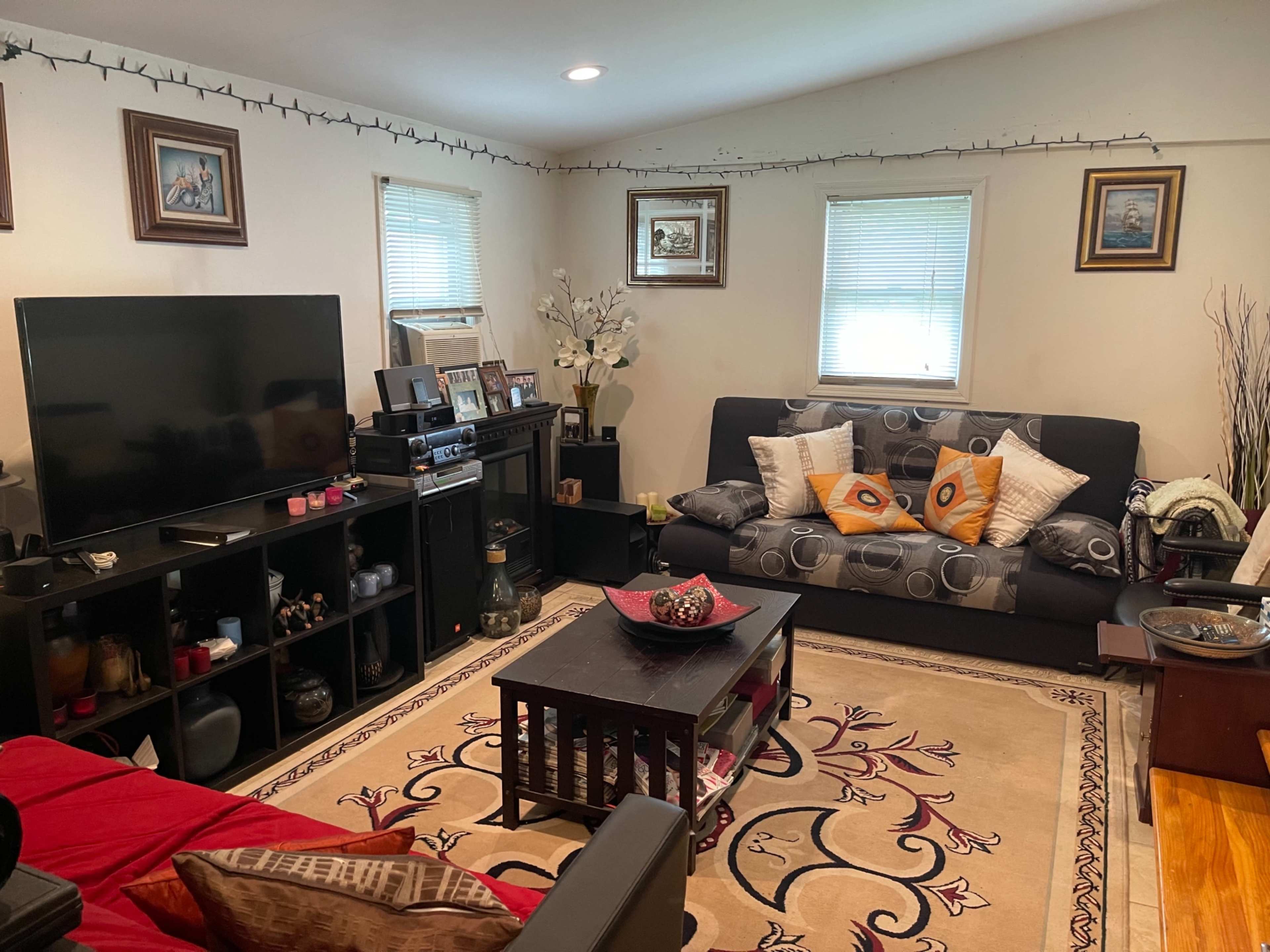 The living room features a black sofa with patterned cushions, a coffee table, a television on a stand, and decorative items arranged on shelves against the walls.