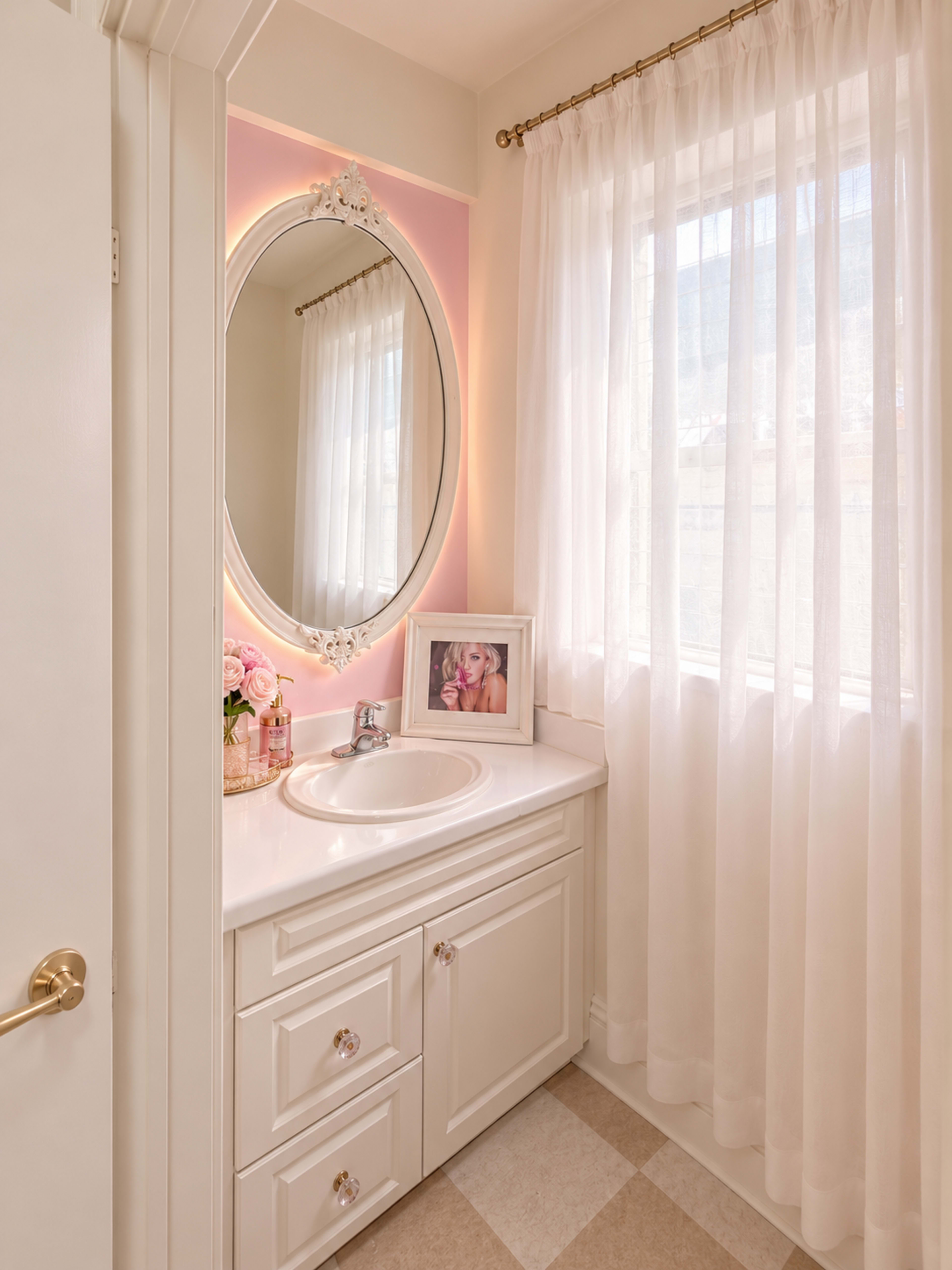 The image shows a light-colored bathroom featuring a circular mirror above a white countertop with a sink, framed by sheer curtains and a small picture on the counter.