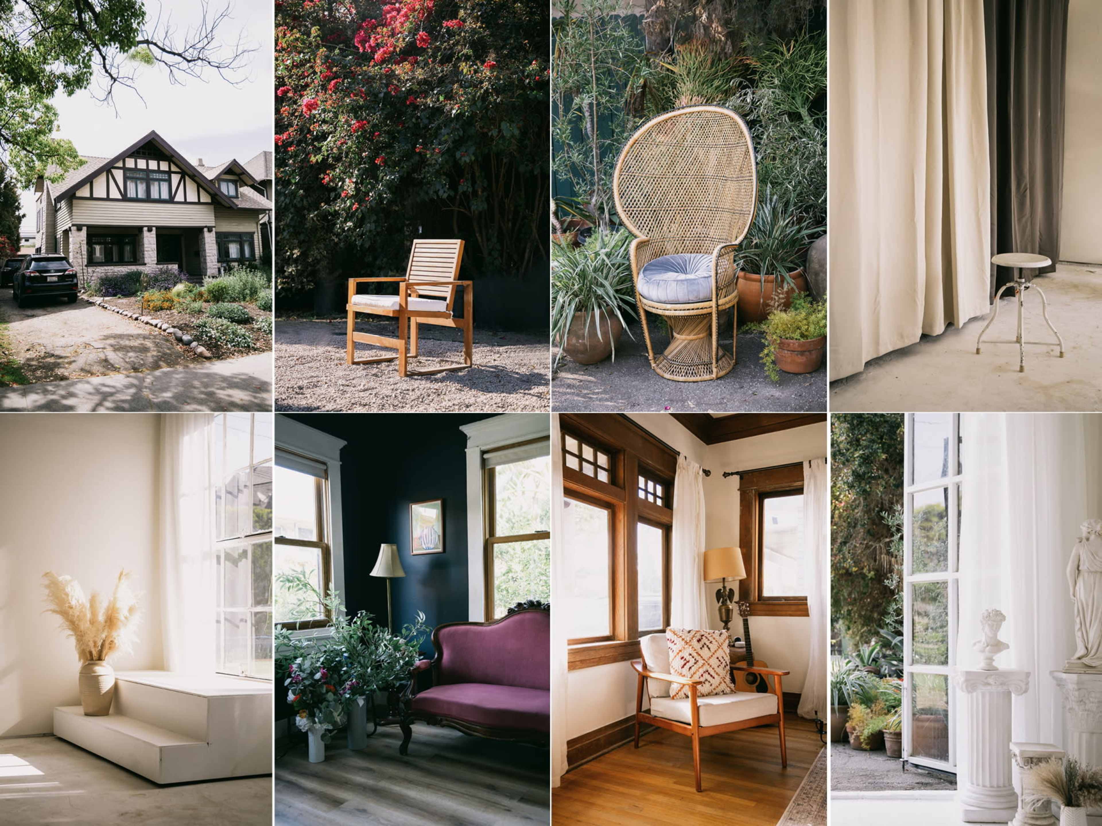 The collage features a series of interior and exterior scenes, including a house exterior, various seating arrangements, and styled rooms with plants and art.