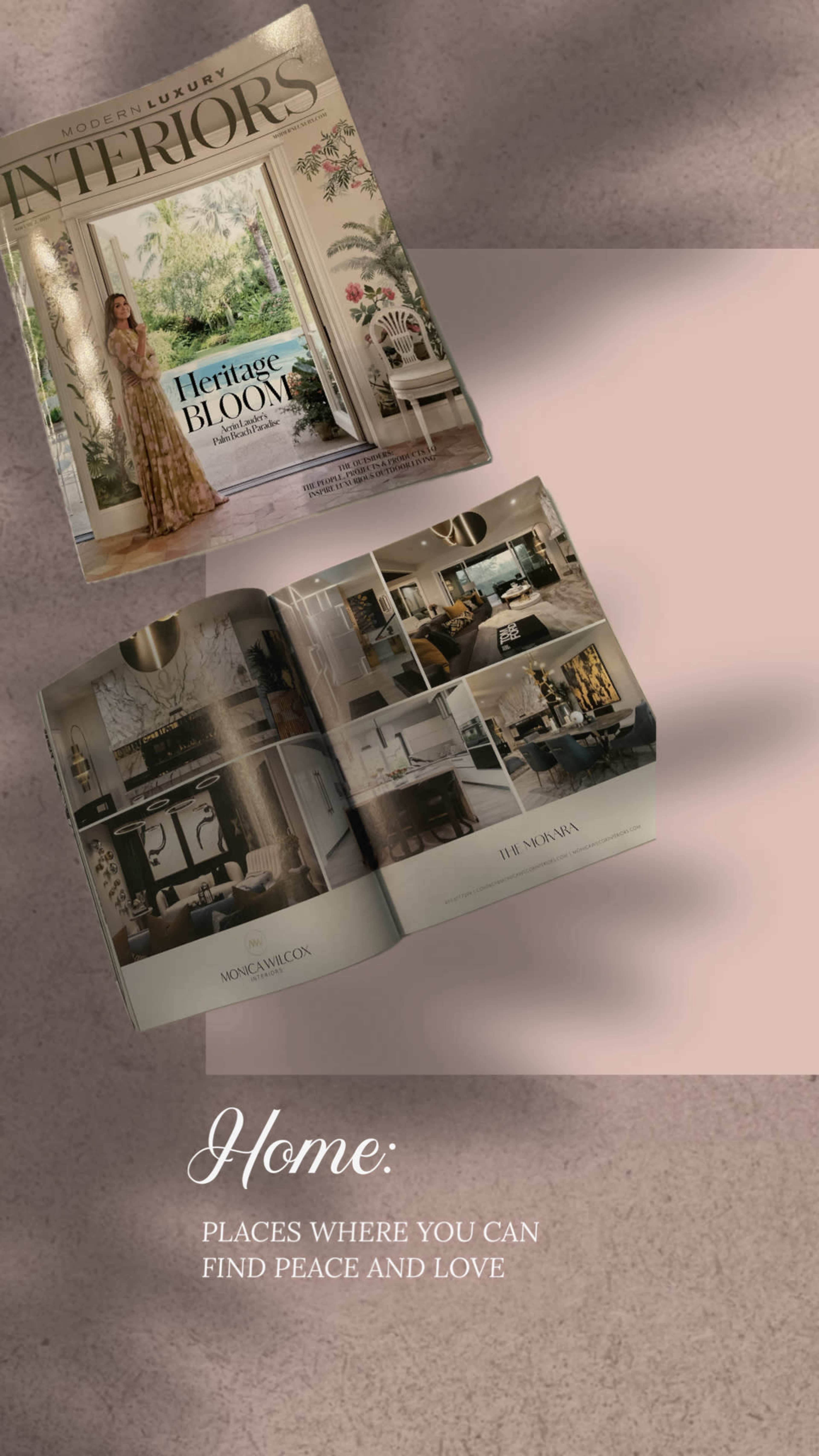 The image features a magazine titled "INTERIORS" open to pages displaying interior design photographs and decor ideas.