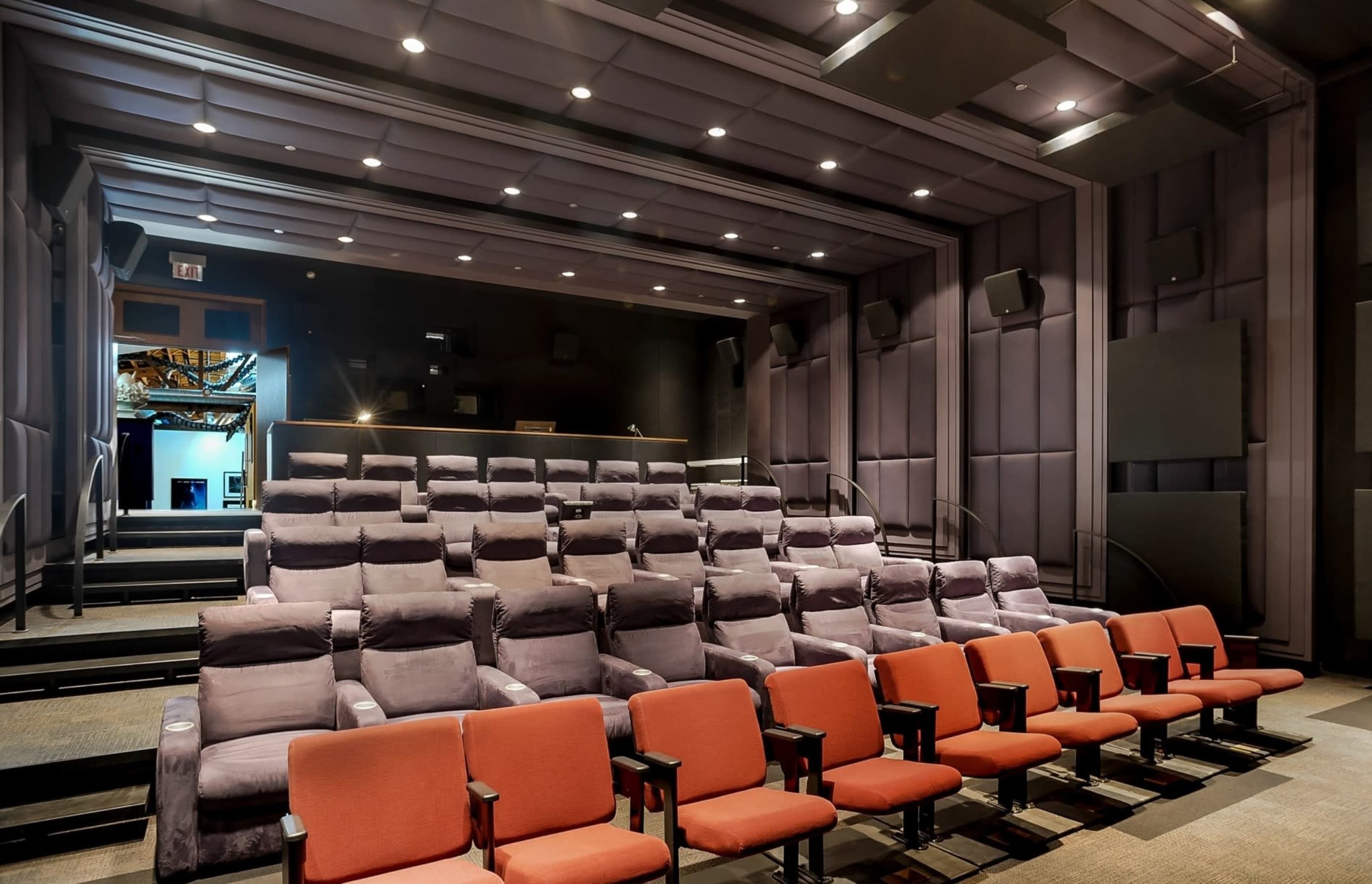 A small movie theater with rows of cushioned seating and an entrance at the back.
