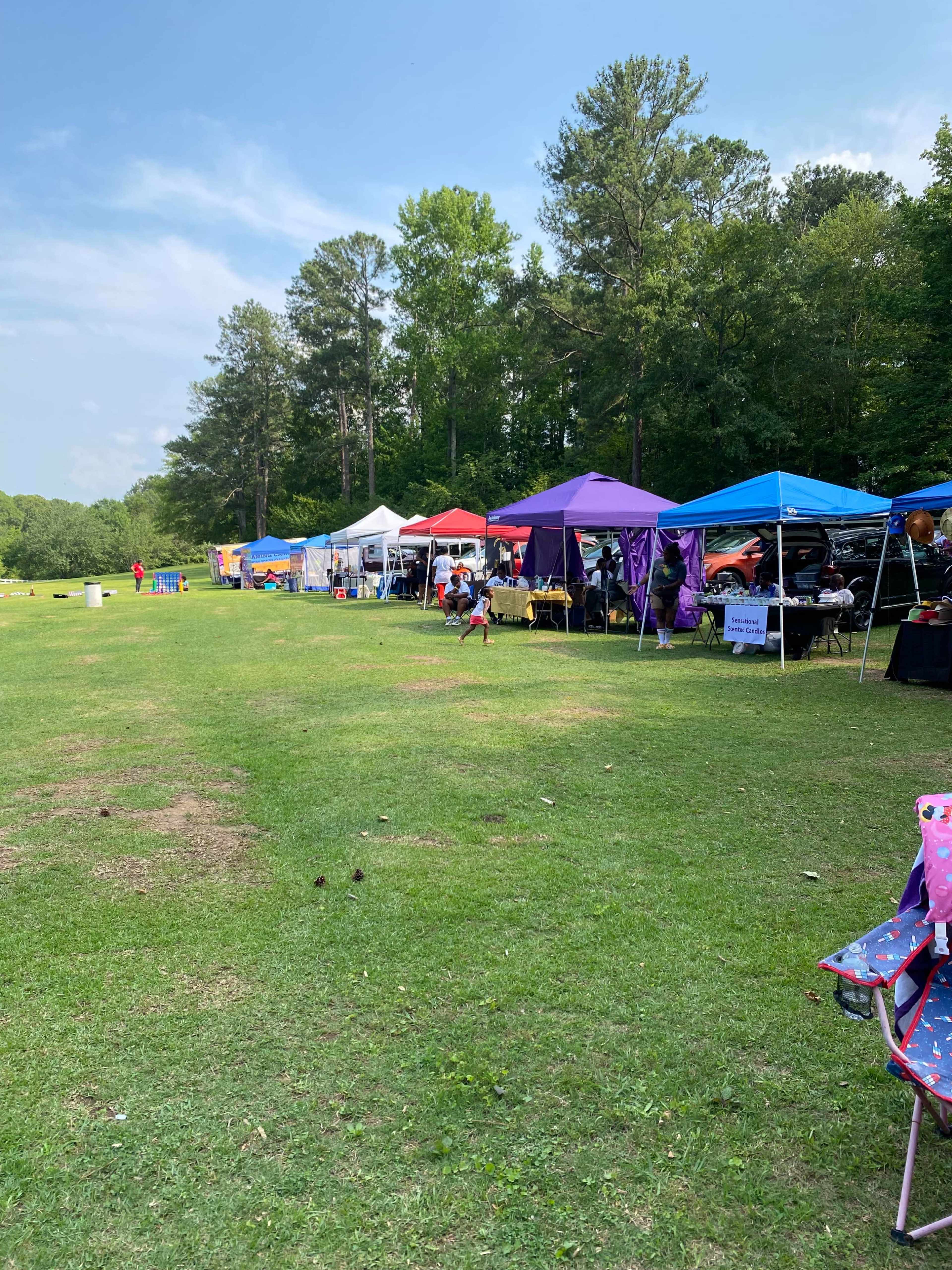 The image shows a grassy park area lined with colorful tents set up for an outdoor event, with people walking between the stalls.