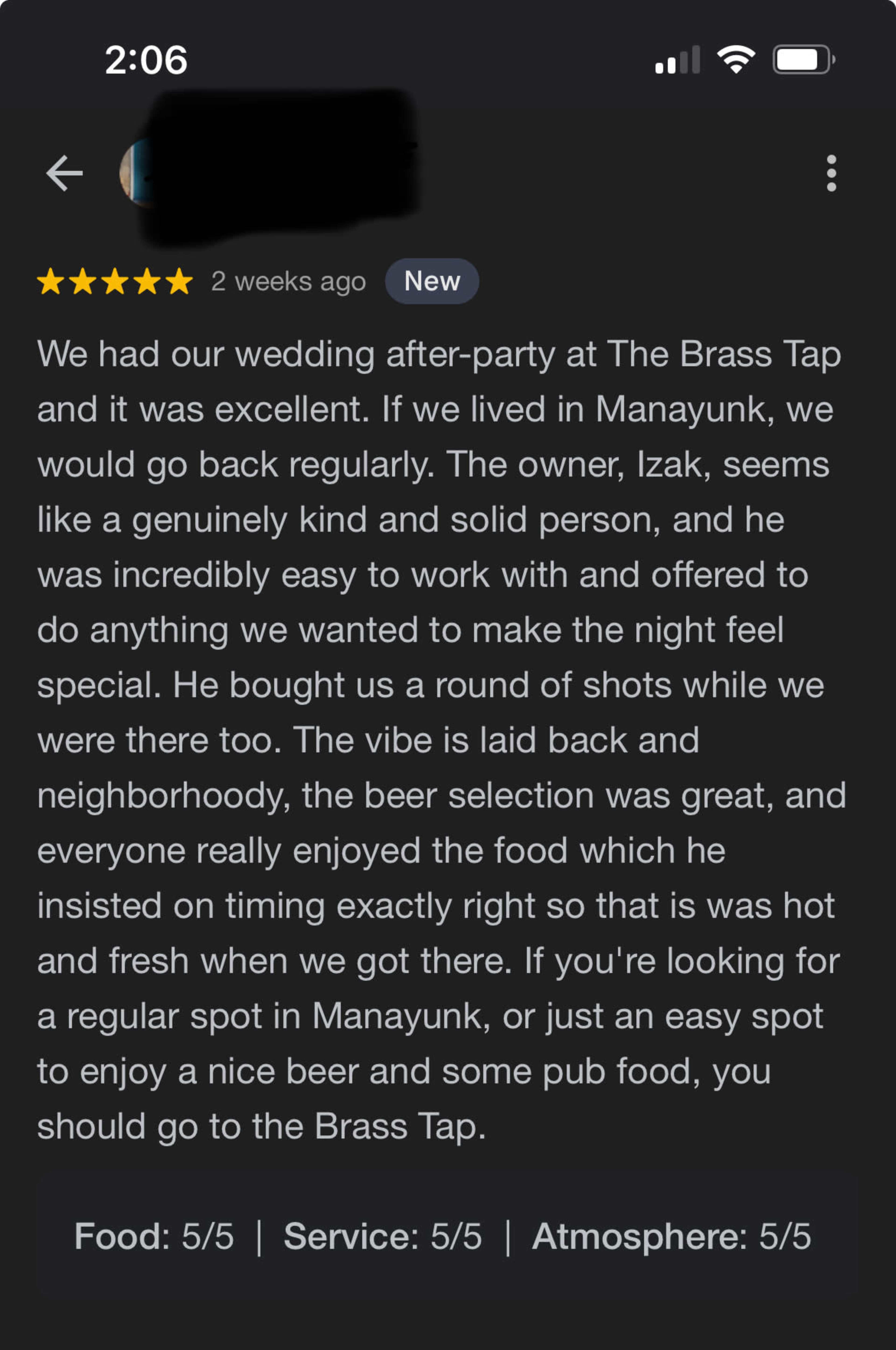 A customer review describes a positive experience at The Brass Tap after a wedding, highlighting excellent food, service, and ambiance.