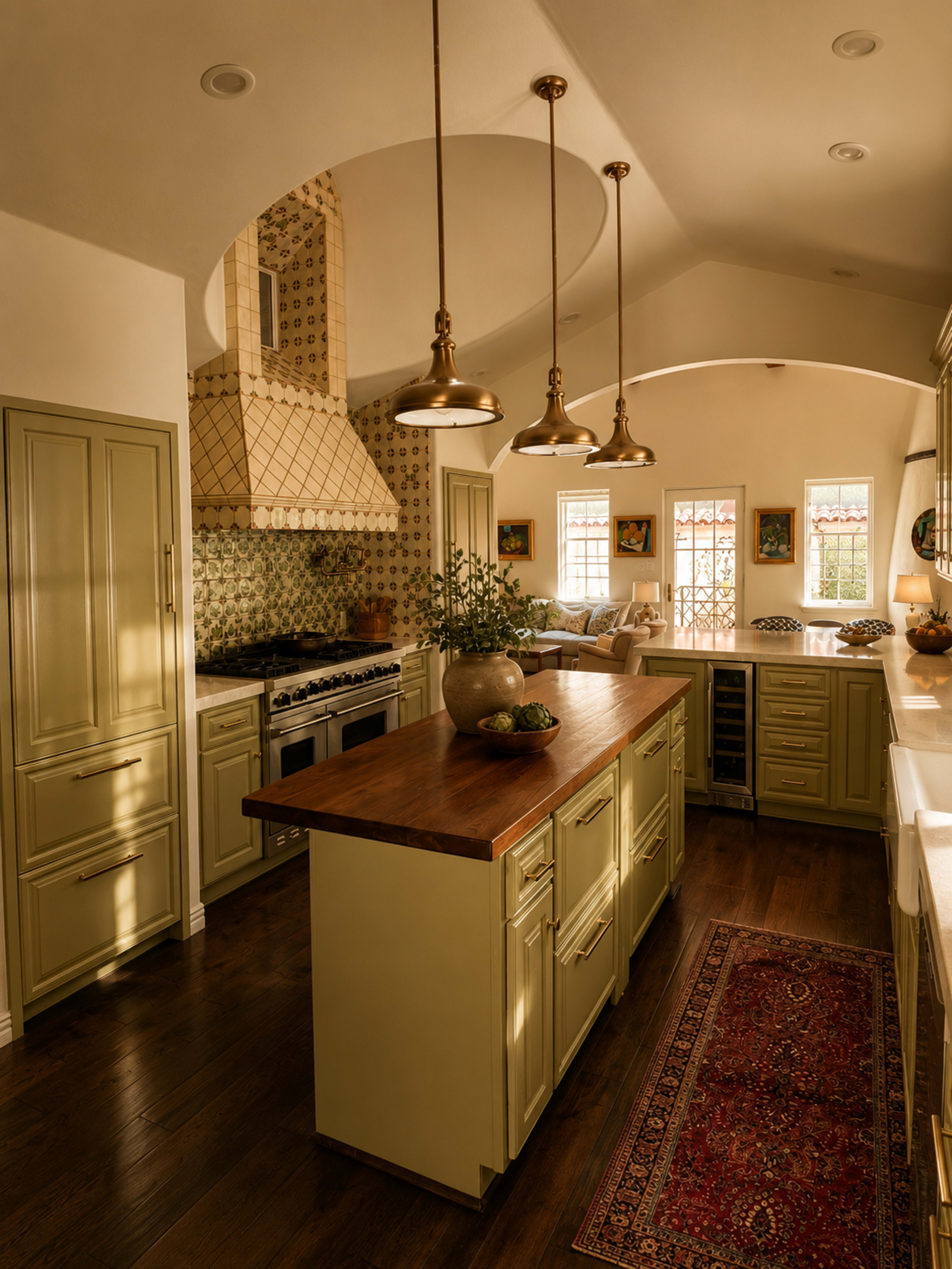 The image shows a modern kitchen with light green cabinets, a wooden island, a decorative tile backsplash, and pendant lighting.