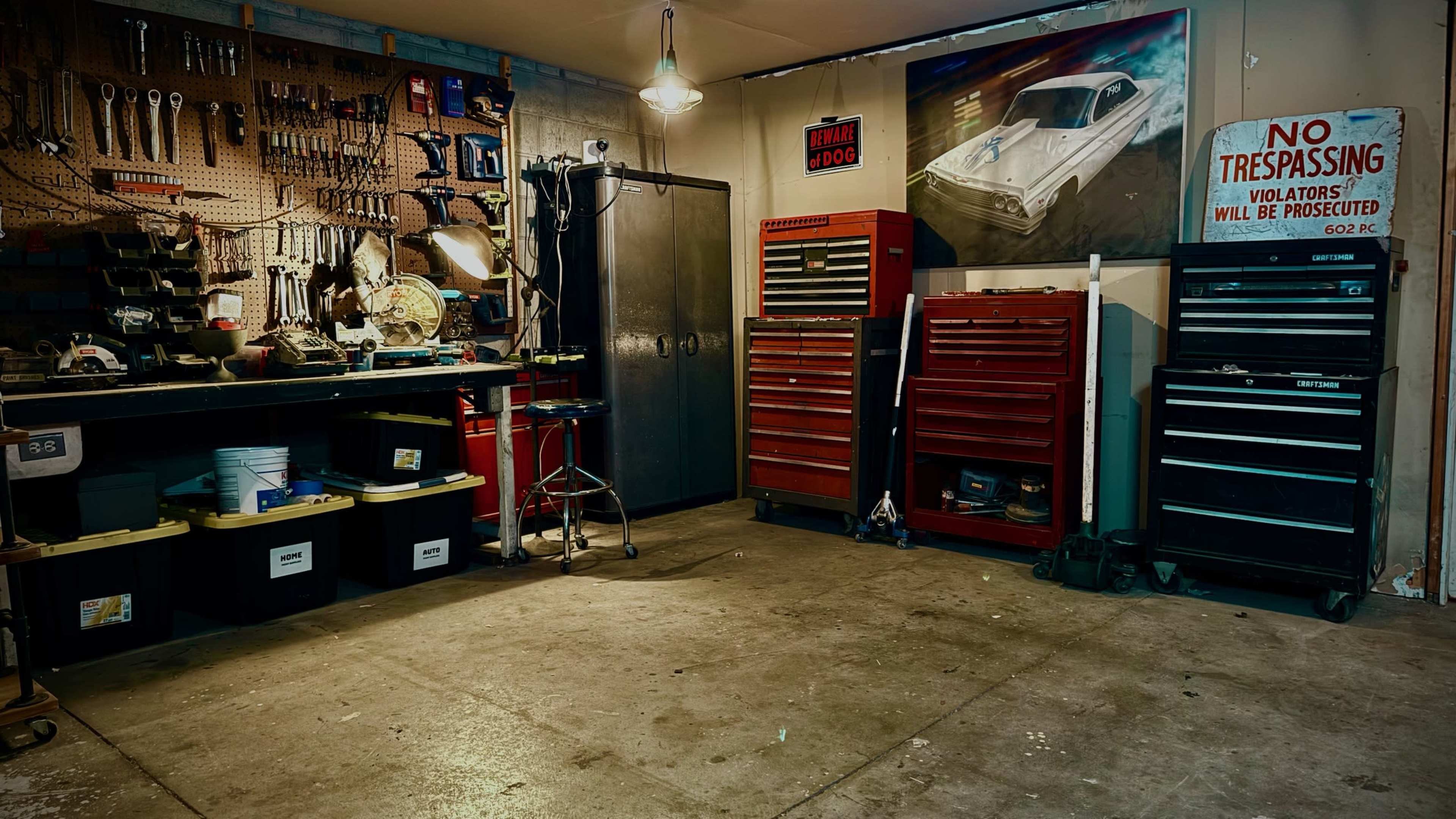 The image shows a well-organized garage workshop with tools mounted on the wall, multiple tool chests, and a sign indicating no trespassing.