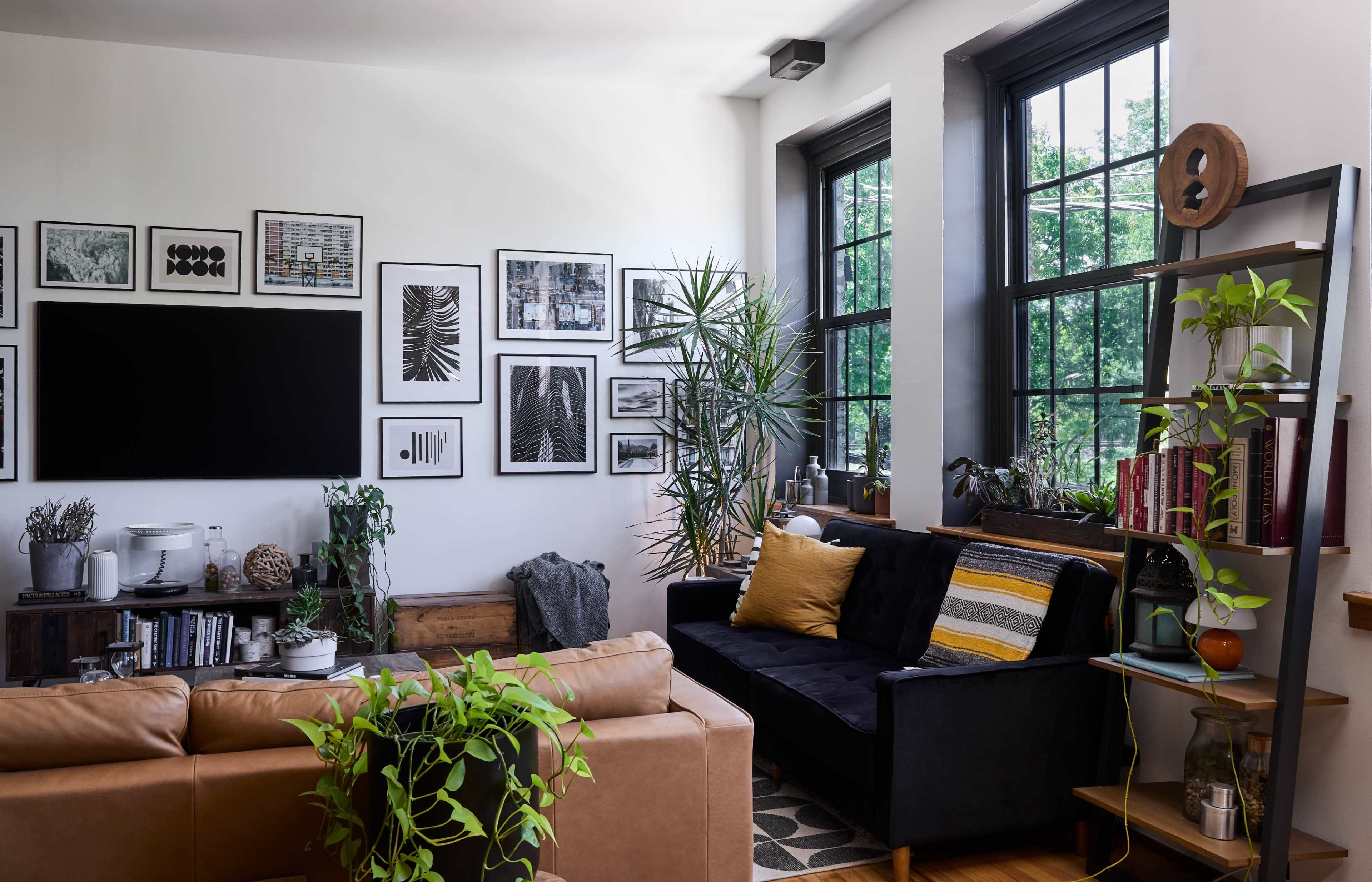 The living room features a mix of framed artwork on the walls, a leather sofa, and a variety of indoor plants alongside large windows that provide natural light.