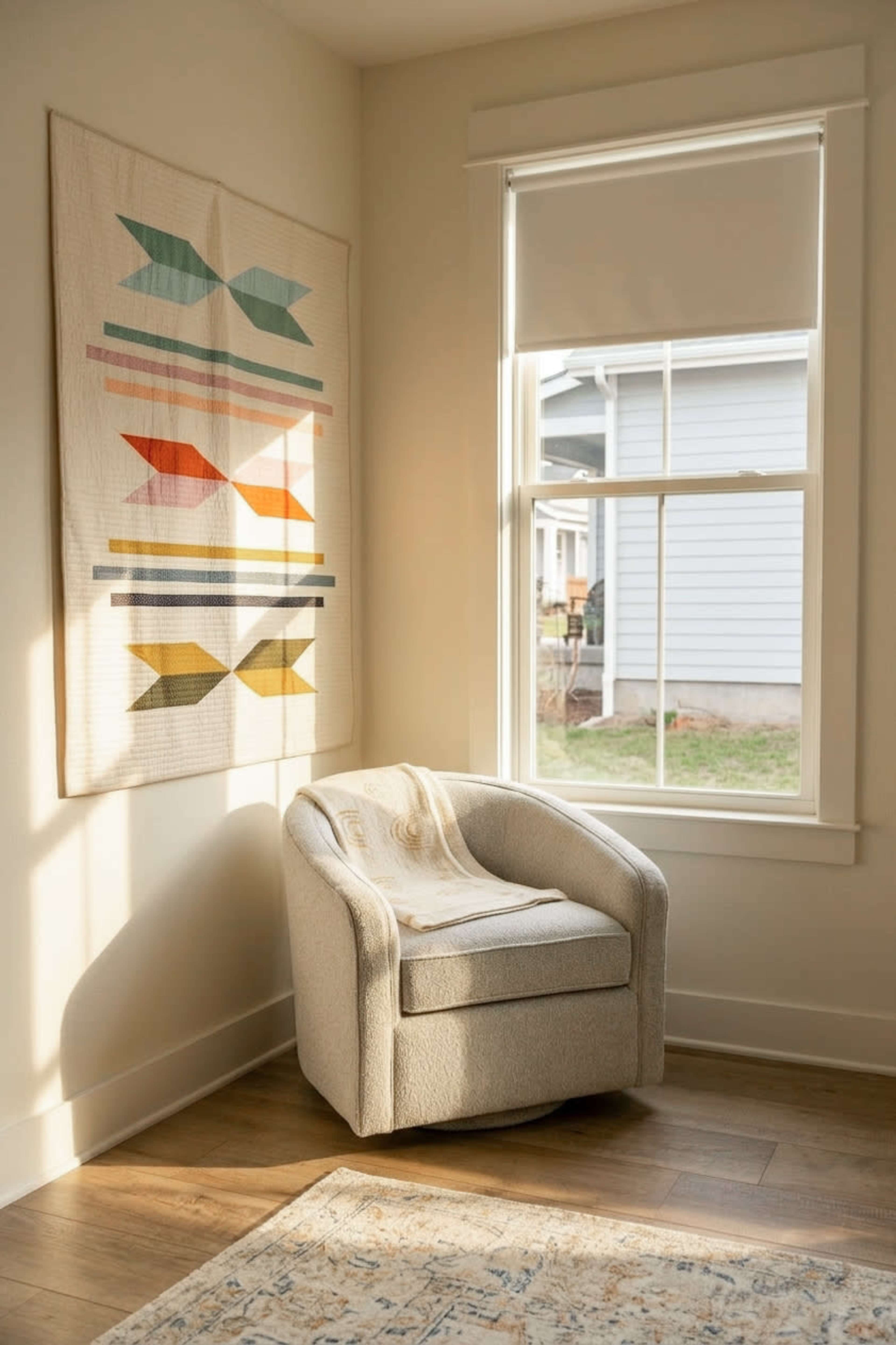 A small, upholstered chair is positioned beside a window, with a quilted wall hanging displaying colorful patterns above it.